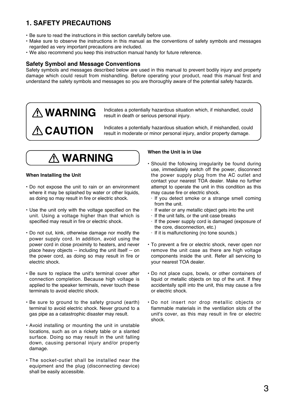 Warning, Warning caution, Safety precautions | Toa A-1724 User Manual | Page 3 / 12