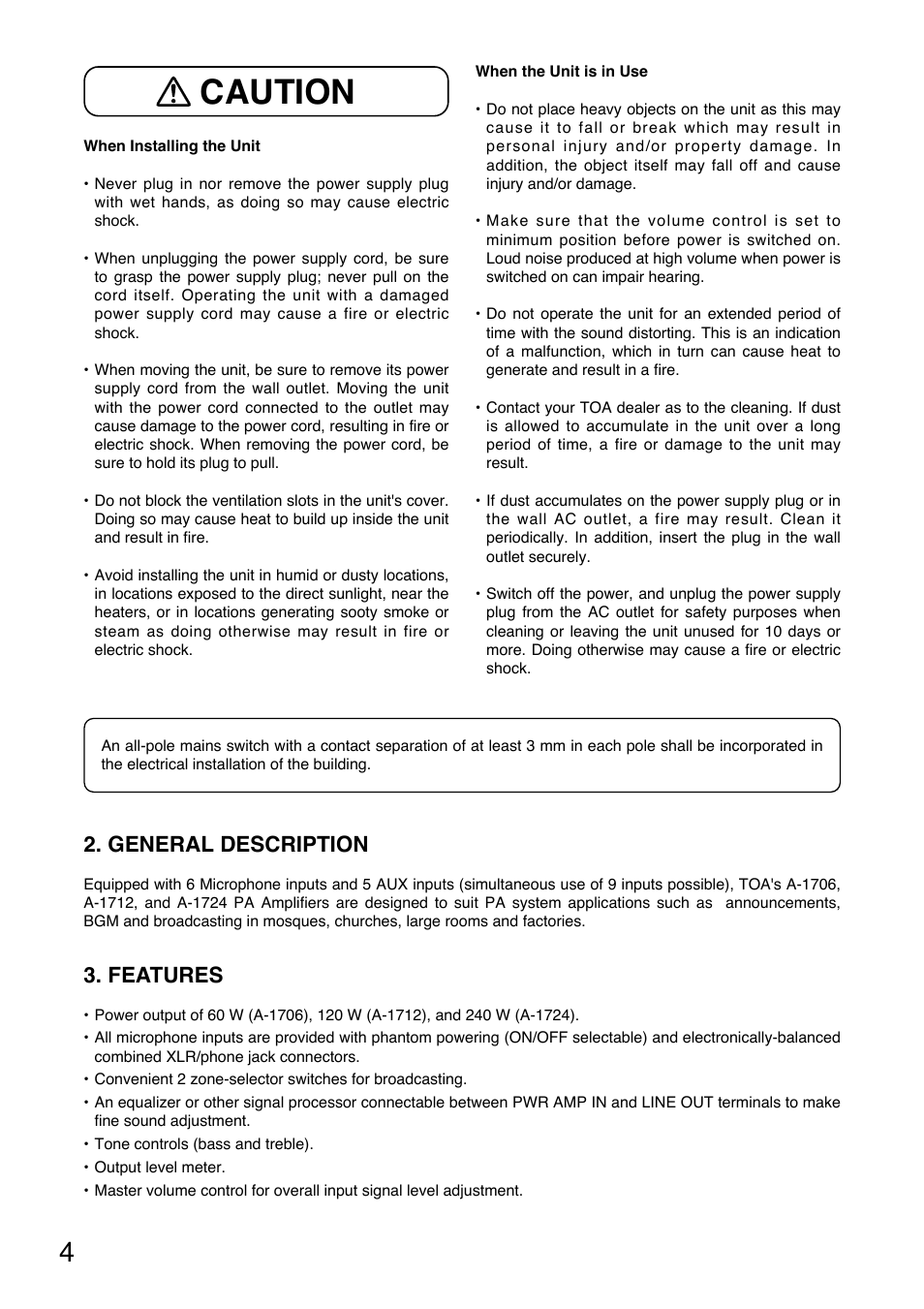 Caution, General description, Features | Toa A-1724 User Manual | Page 4 / 12