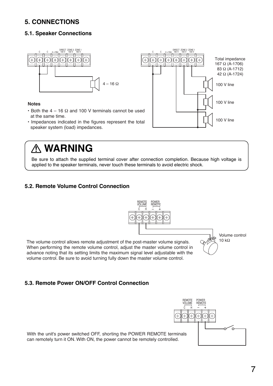 Warning, Connections, Speaker connections | Remote volume control connection, Remote power on/off control connection | Toa A-1724 User Manual | Page 7 / 12