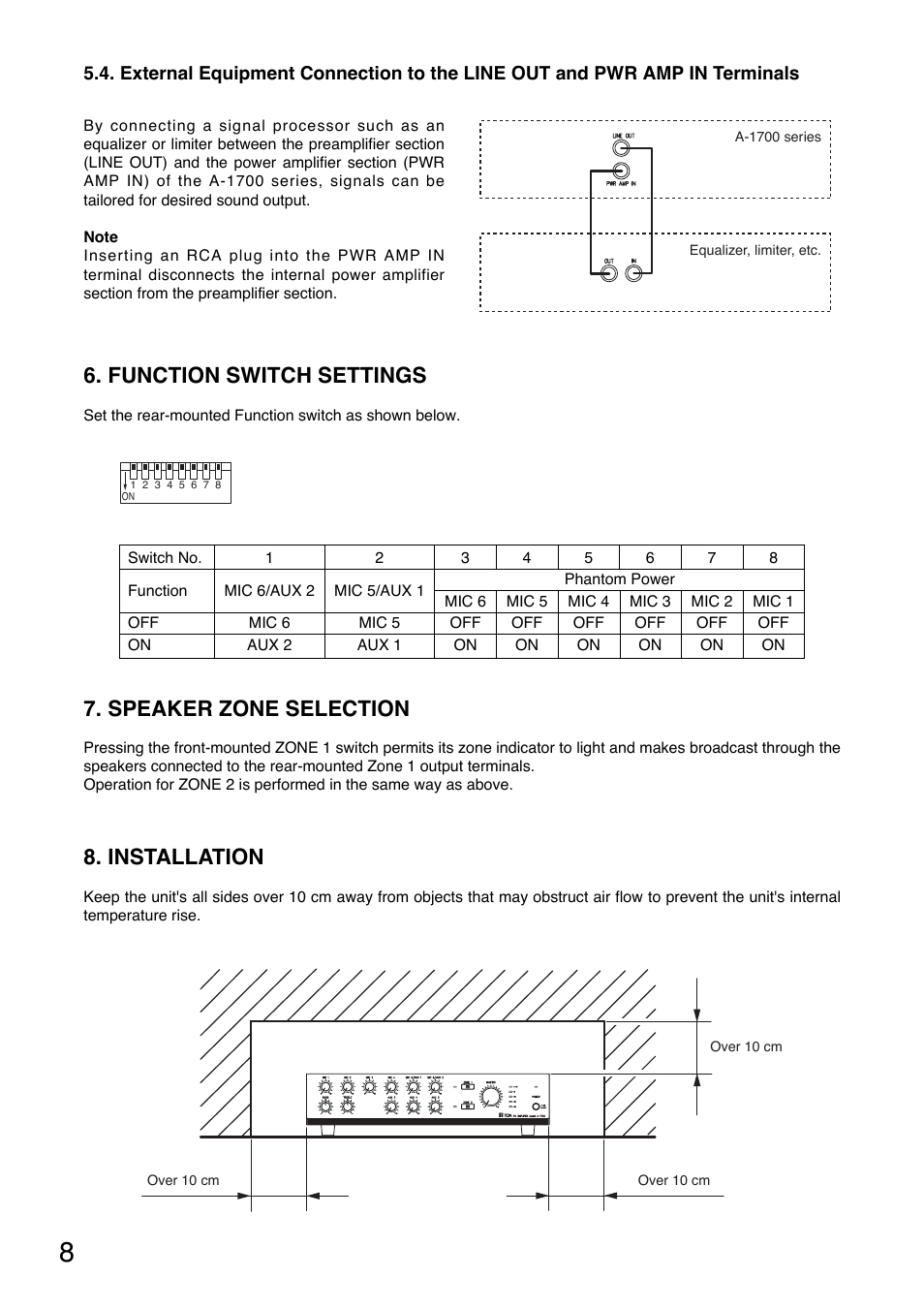 Function switch settings, Speaker zone selection, Installation | Toa A-1724 User Manual | Page 8 / 12