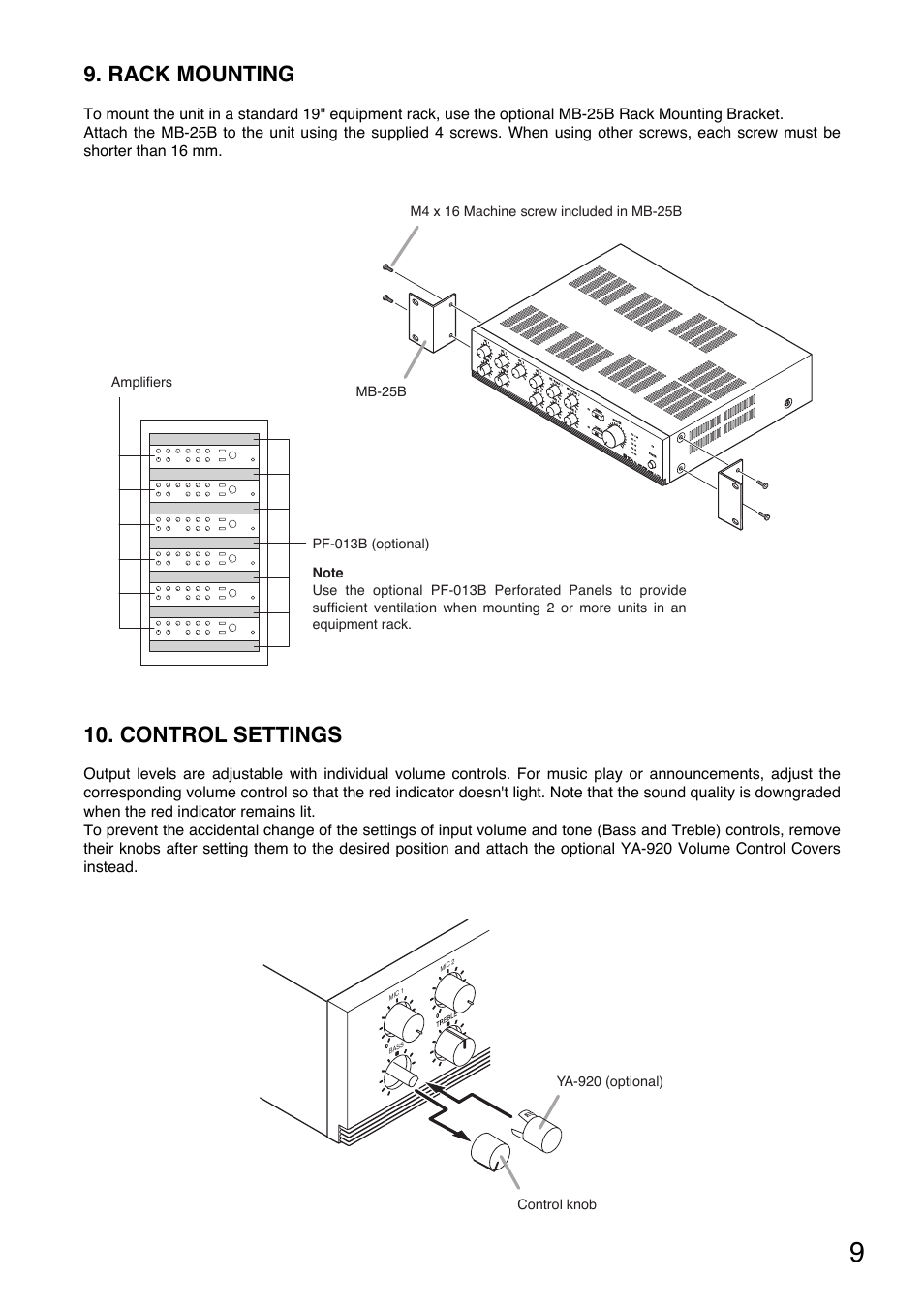 Rack mounting, Control settings | Toa A-1724 User Manual | Page 9 / 12