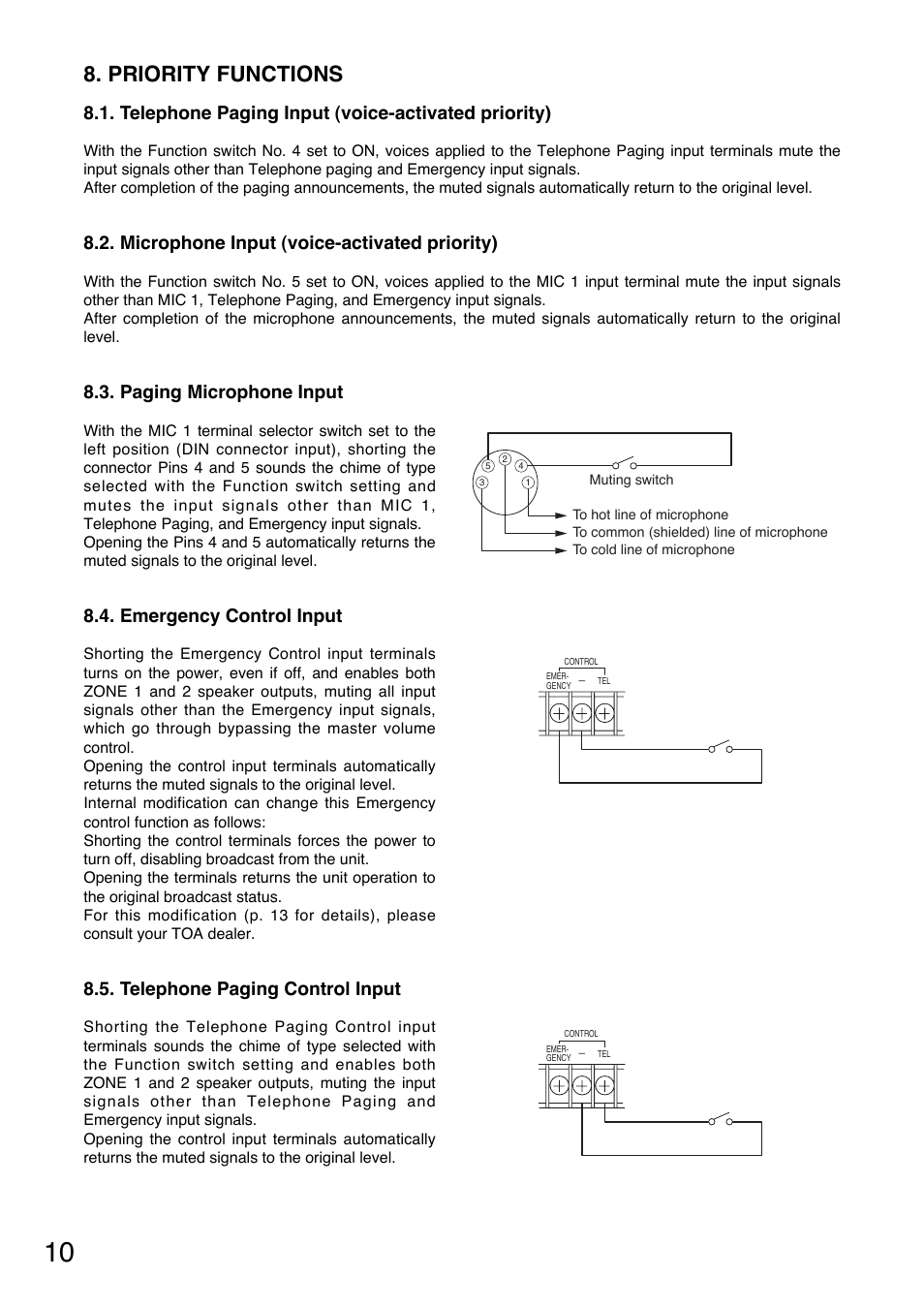 Priority functions, Telephone paging input (voice-activated priority), Microphone input (voice-activated priority) | Paging microphone input, Emergency control input, Telephone paging control input | Toa A-1812 User Manual | Page 10 / 16