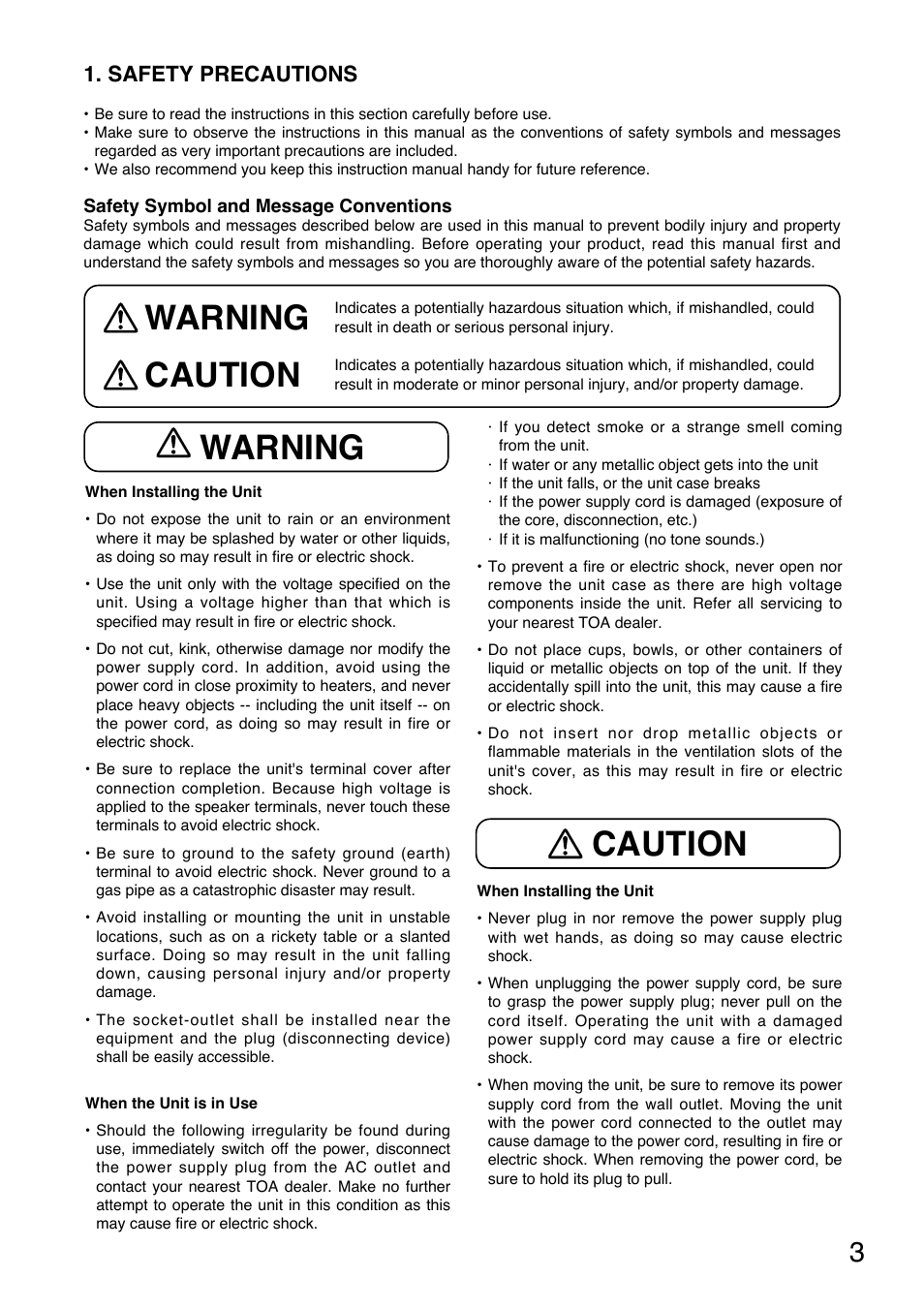 Warning, Warning caution, Caution | Safety precautions | Toa A-1812 User Manual | Page 3 / 16
