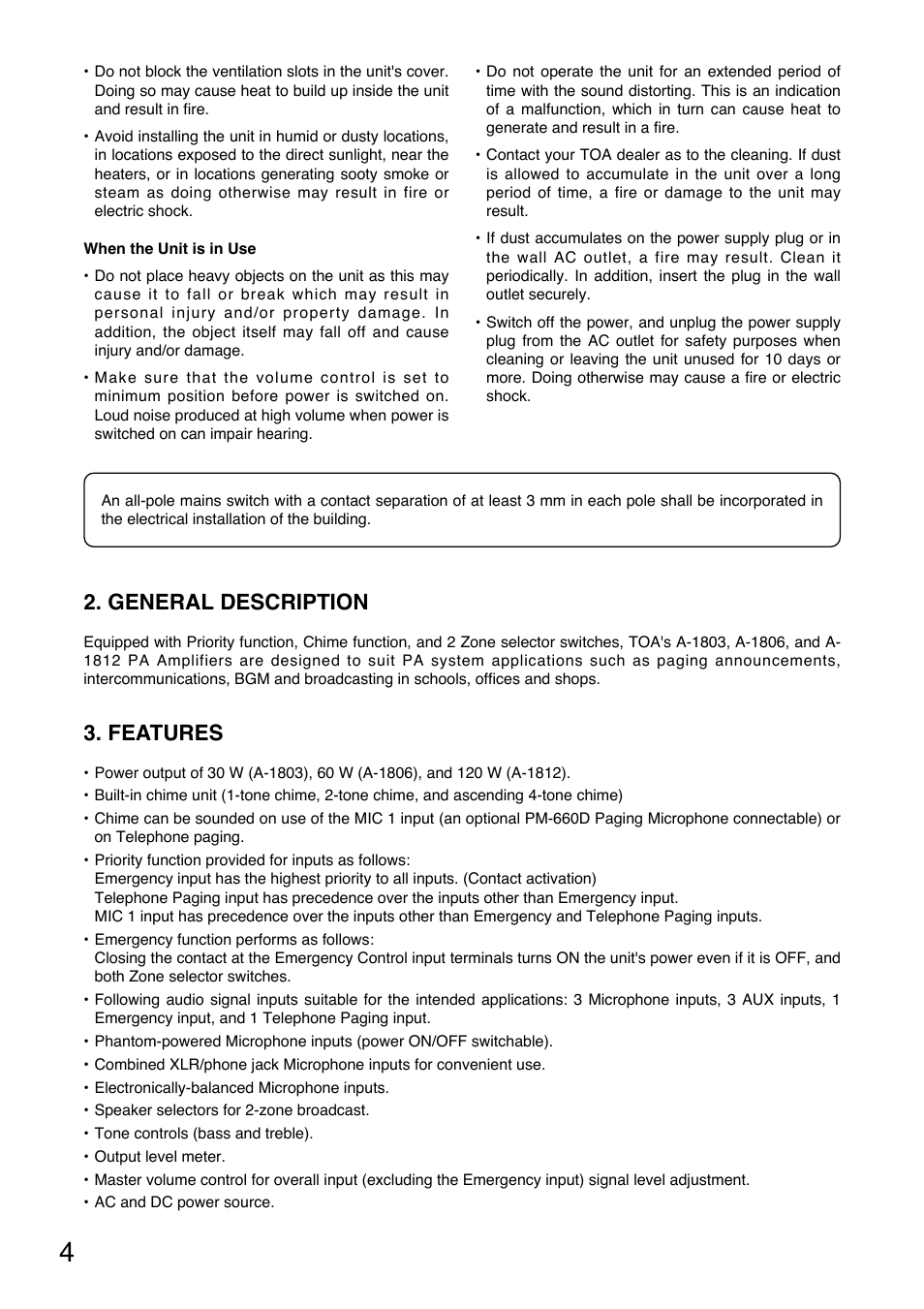 General description, Features | Toa A-1812 User Manual | Page 4 / 16