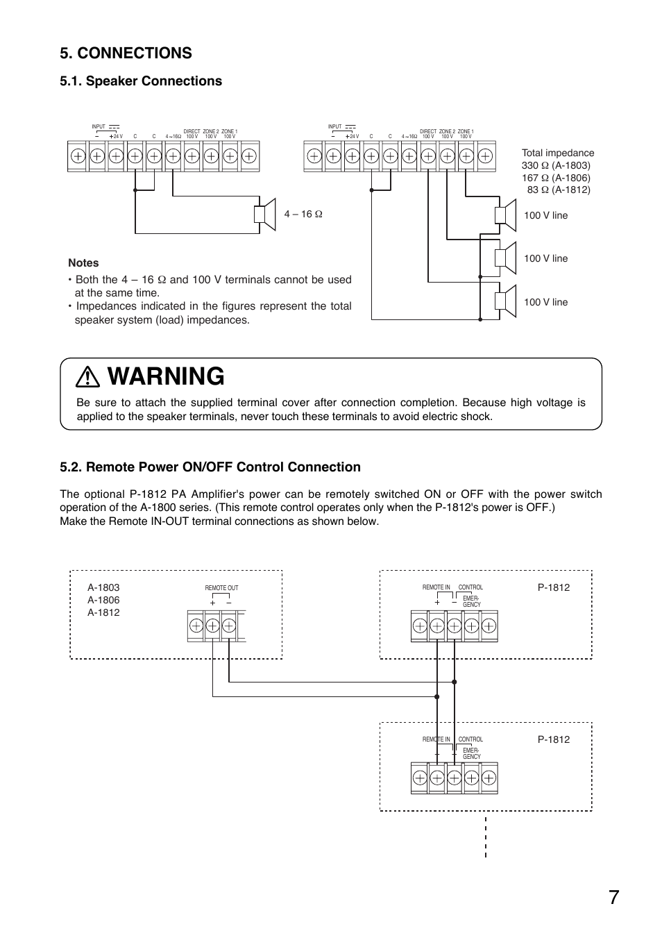 Warning, Connections, Speaker connections | Remote power on/off control connection | Toa A-1812 User Manual | Page 7 / 16