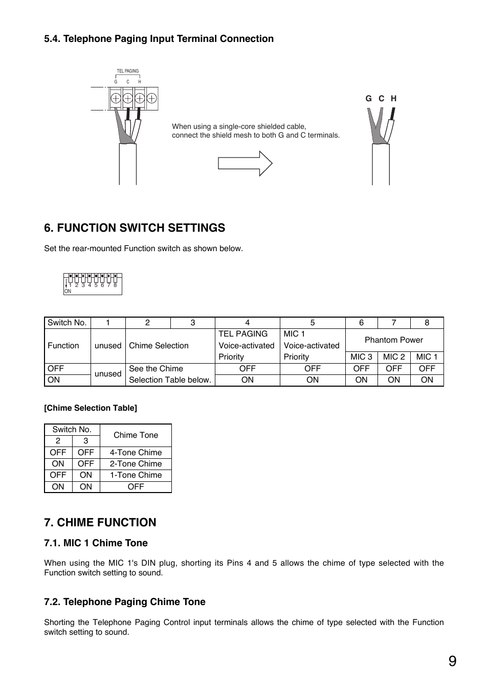 Function switch settings, Chime function | Toa A-1812 User Manual | Page 9 / 16
