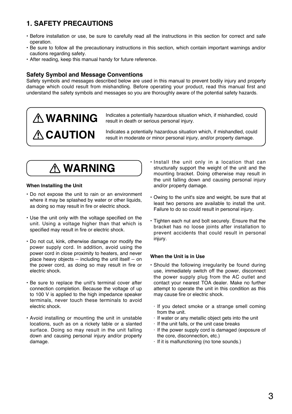 Warning, Warning caution, Safety precautions | Toa YA-7000 User Manual | Page 3 / 24