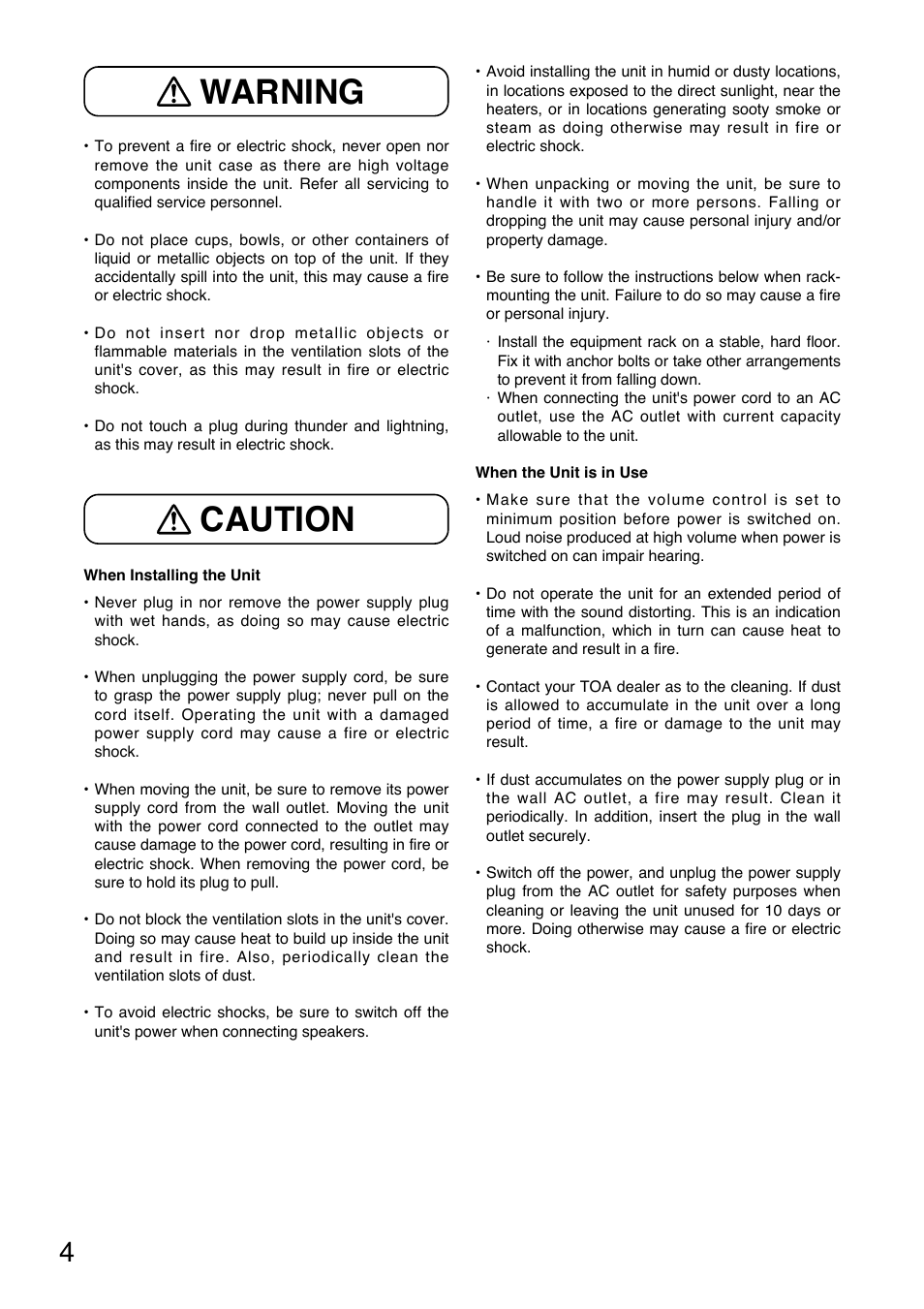 Caution warning | Toa YA-7000 User Manual | Page 4 / 24