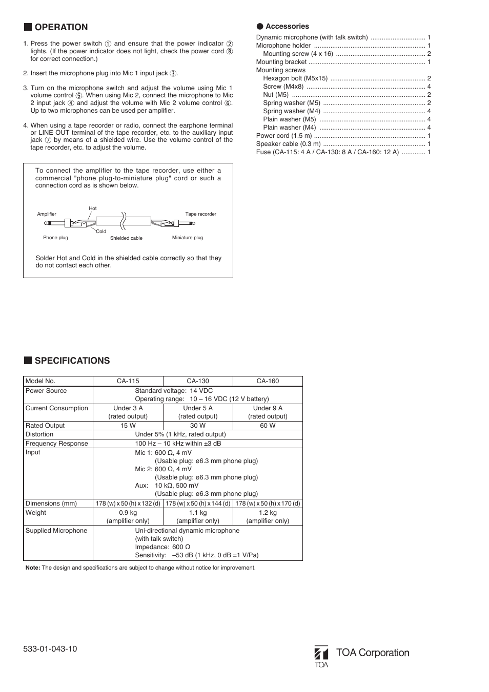 Operation, Specifications | Toa CA-160 User Manual | Page 2 / 2