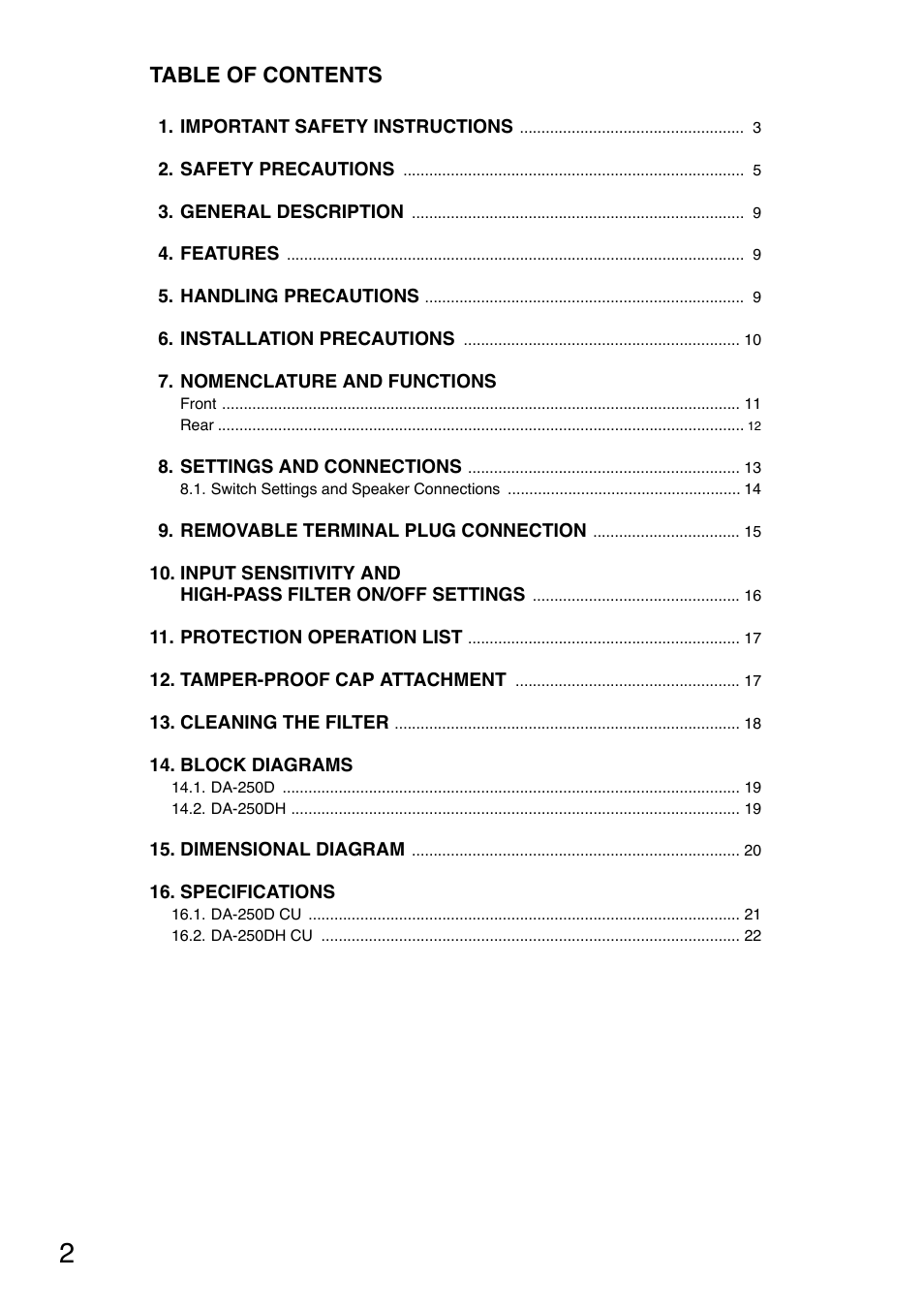 Toa DA-250DH CU User Manual | Page 2 / 24