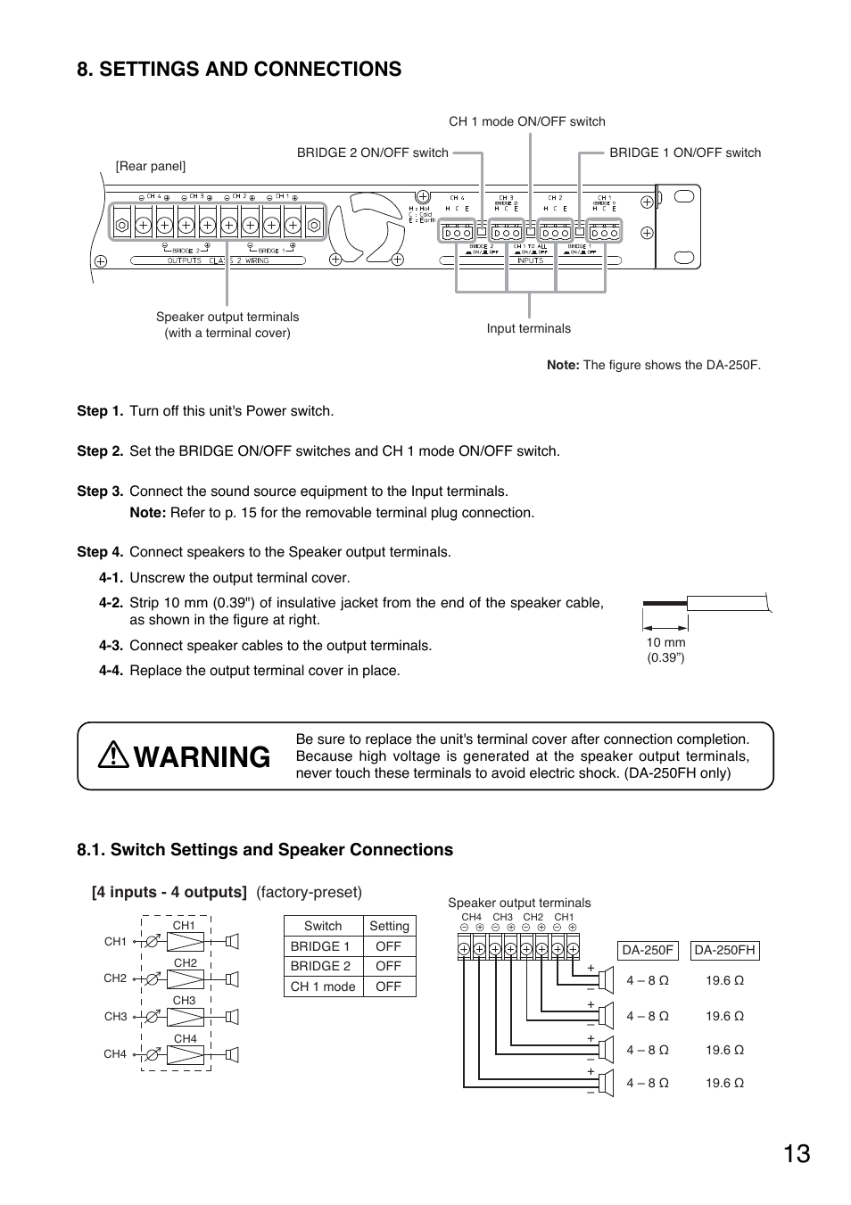 Warning, Settings and connections, Switch settings and speaker connections | Toa DA-250FH CU User Manual | Page 13 / 24