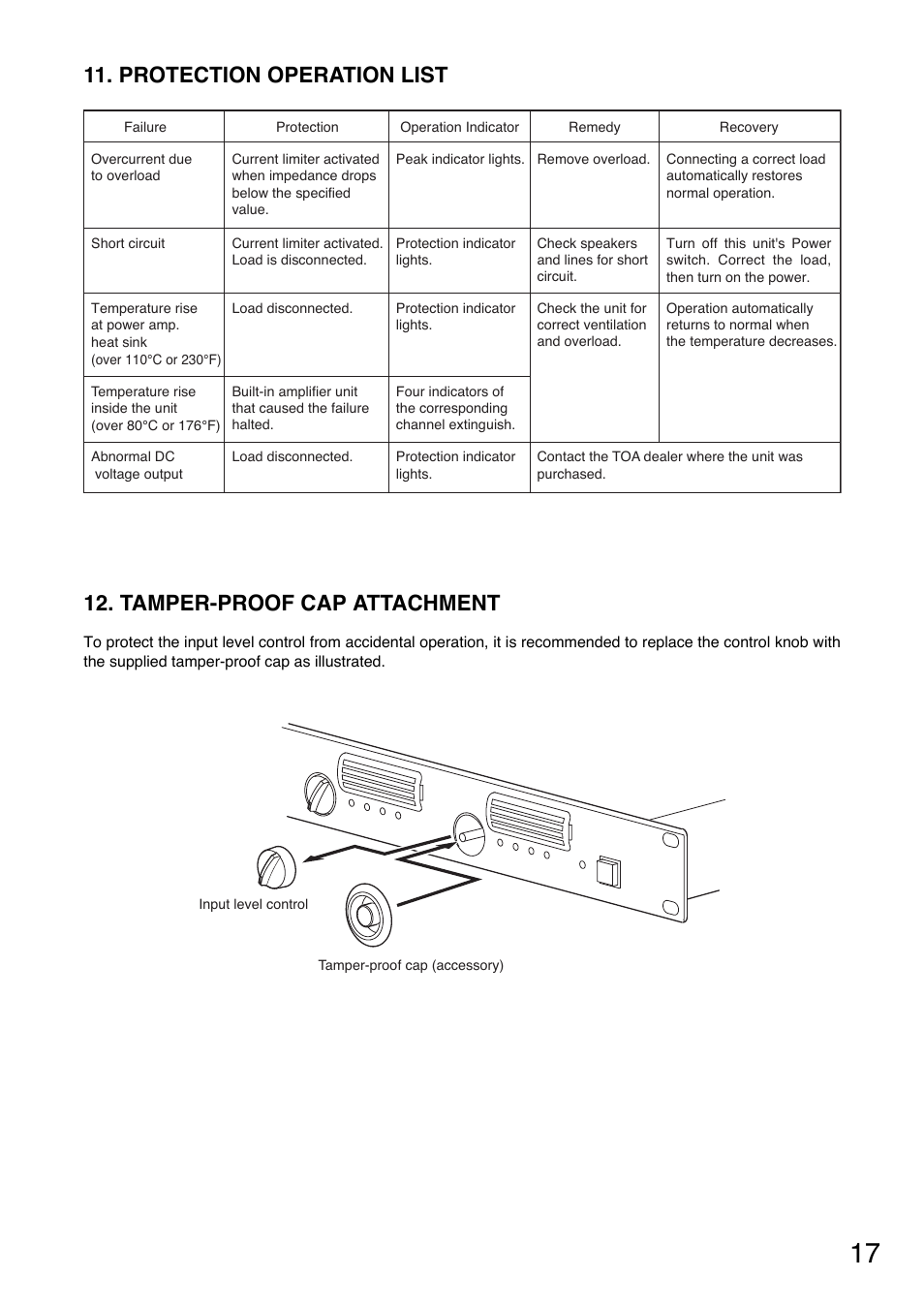 Protection operation list, Tamper-proof cap attachment | Toa DA-250FH CU User Manual | Page 17 / 24