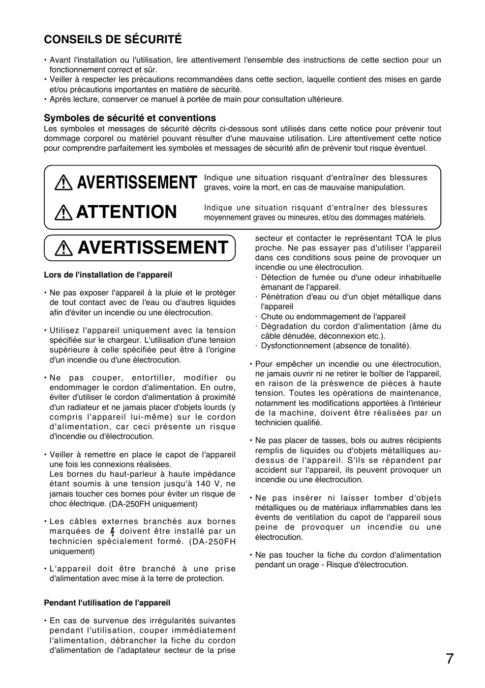 Avertissement attention, Avertissement, Conseils de sécurité | Toa DA-250FH CU User Manual | Page 7 / 24