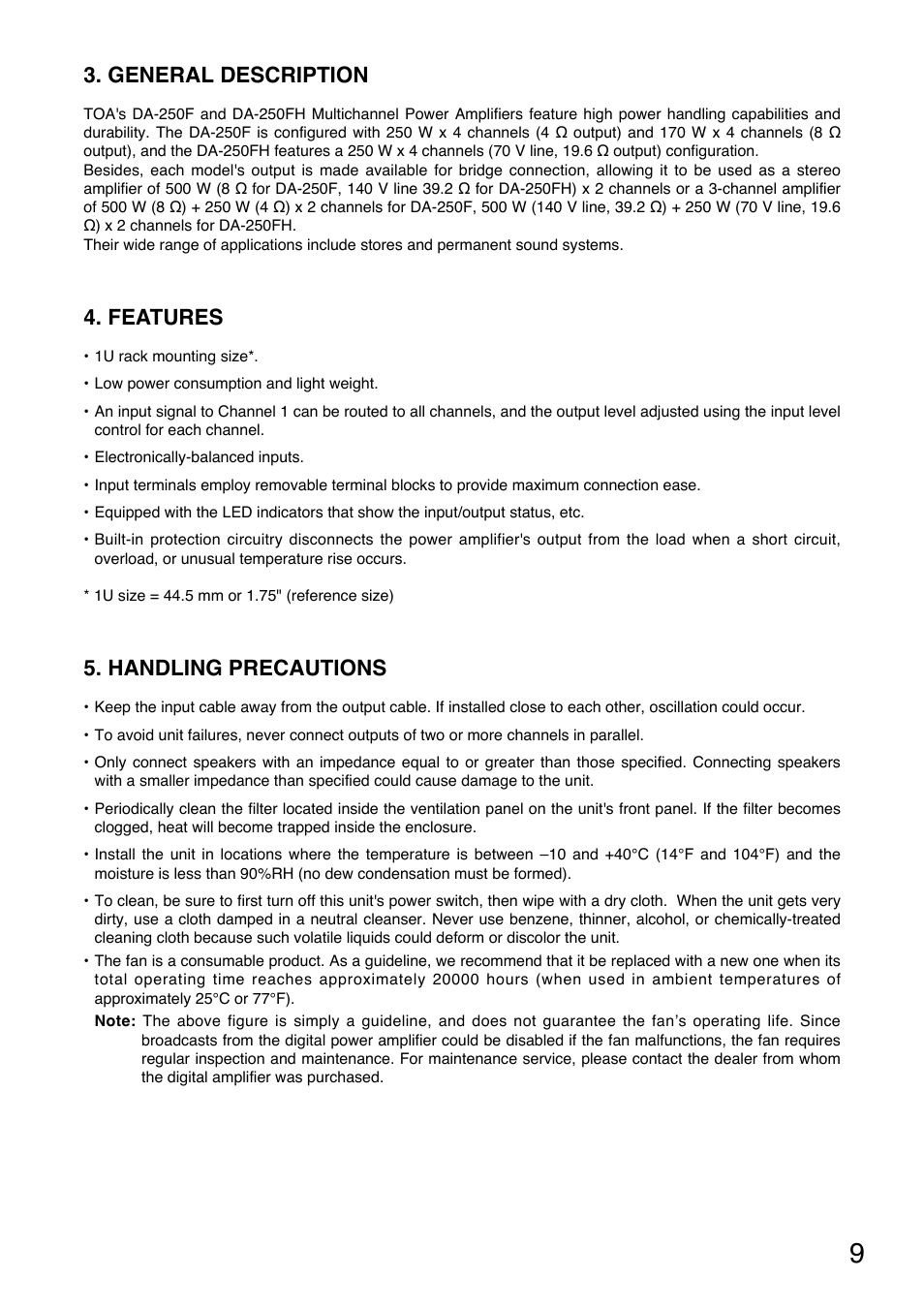 General description, Features, Handling precautions | Toa DA-250FH CU User Manual | Page 9 / 24