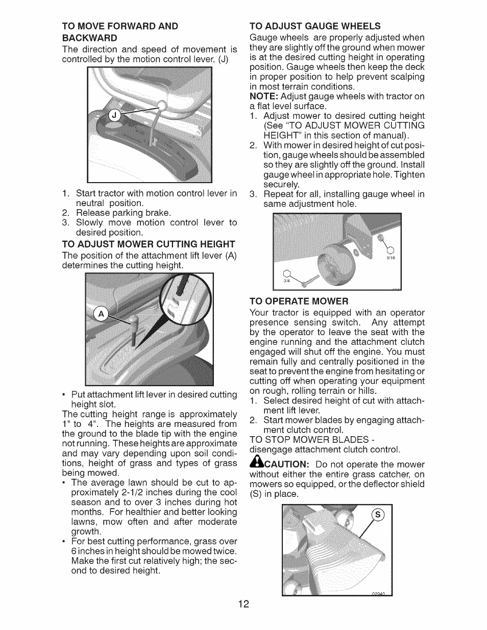 To adjust mower cutting height, To adjust gauge wheels, To operate mower | Craftsman 917.28924 User Manual | Page 12 / 64