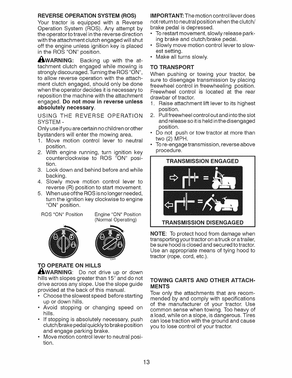To transport, Towing carts and other attachments | Craftsman 917.28924 User Manual | Page 13 / 64