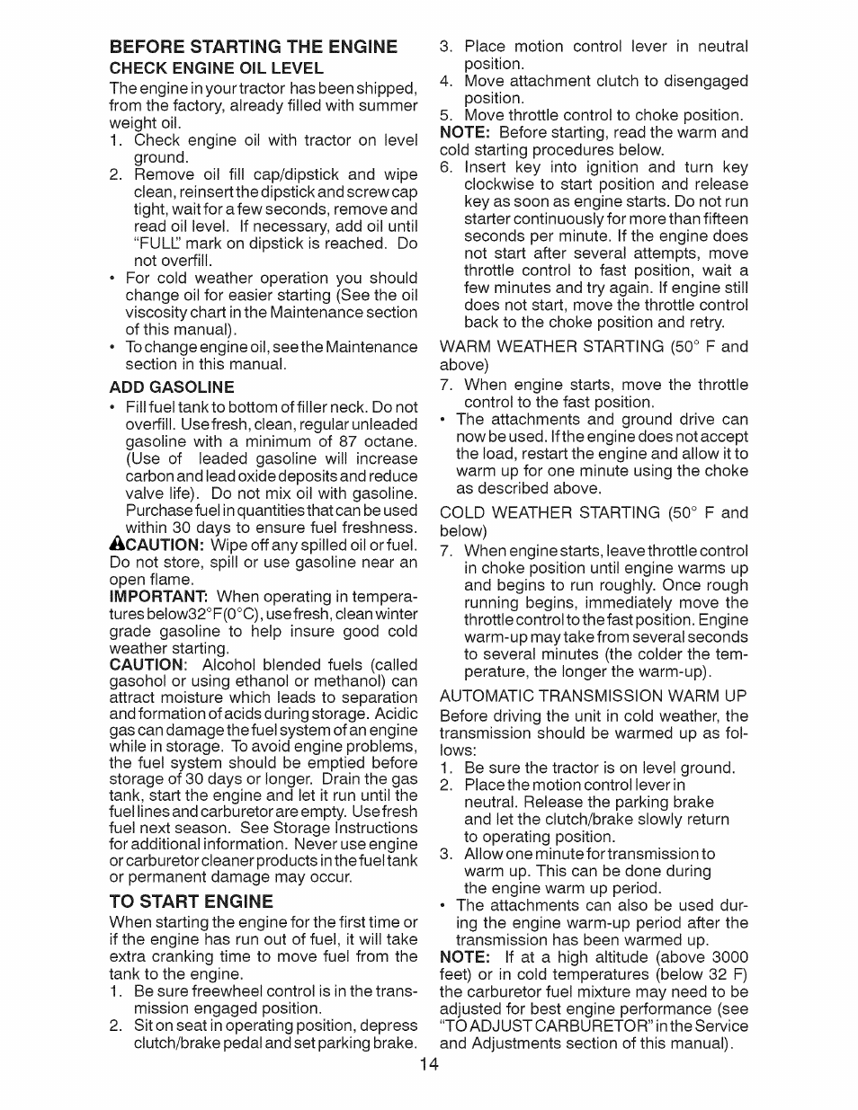 Add gasoline, To start engine, Before starting the engine | Craftsman 917.28924 User Manual | Page 14 / 64