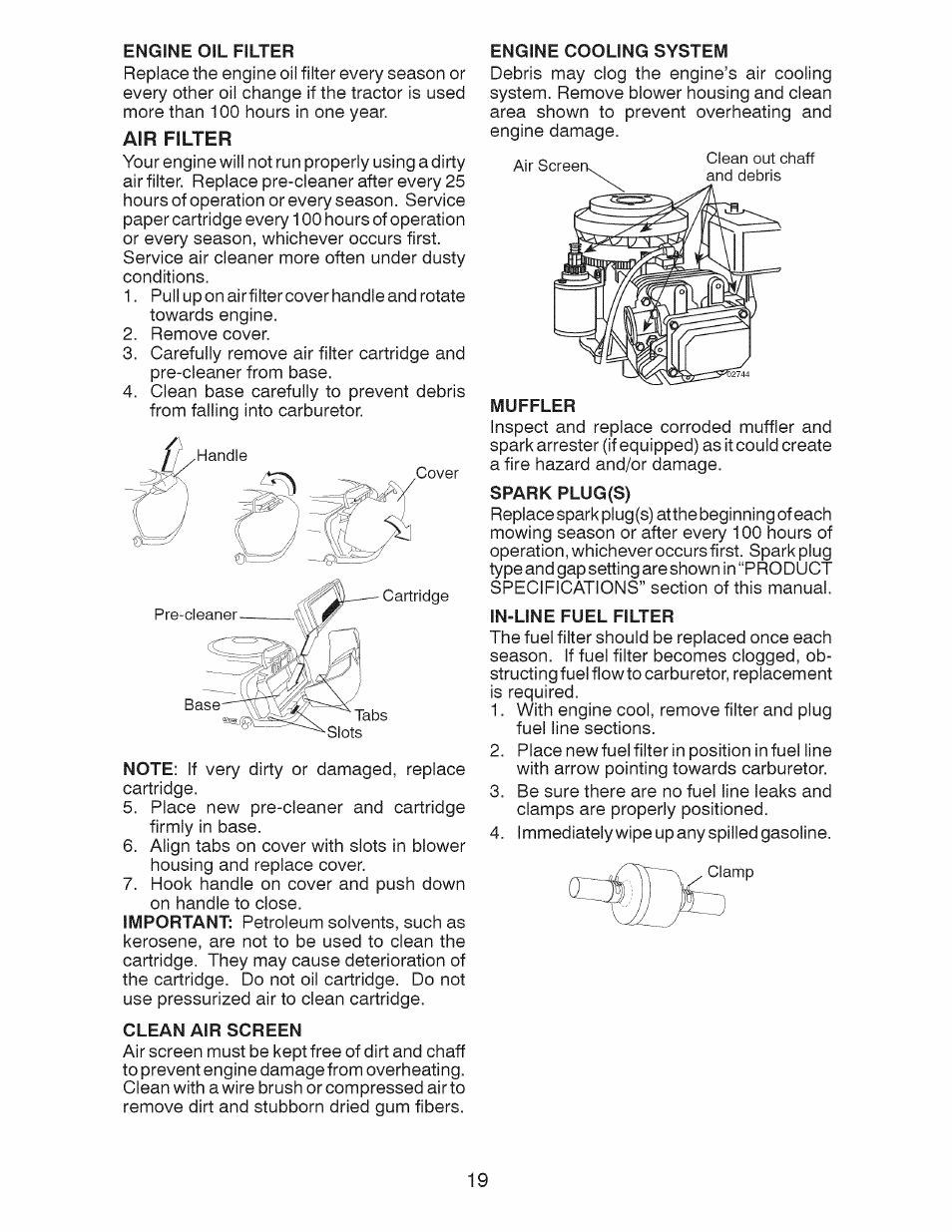 Engine oil filter, Air filter, Clean air screen | Engine cooling system, Muffler, Spark plug(s), In-line fuel filter | Craftsman 917.28924 User Manual | Page 19 / 64