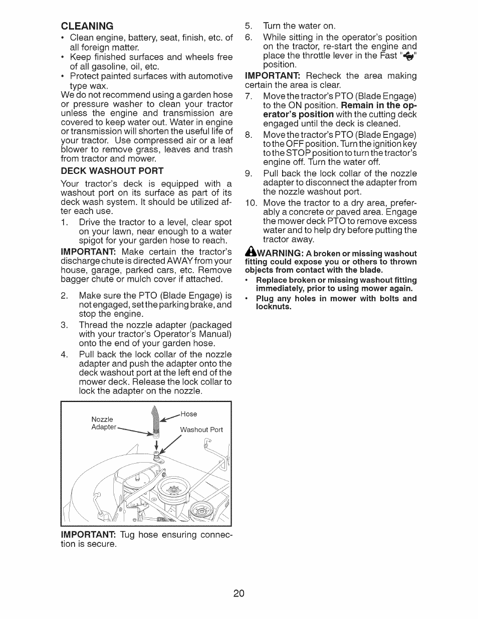 Deck washout port, Cleaning | Craftsman 917.28924 User Manual | Page 20 / 64