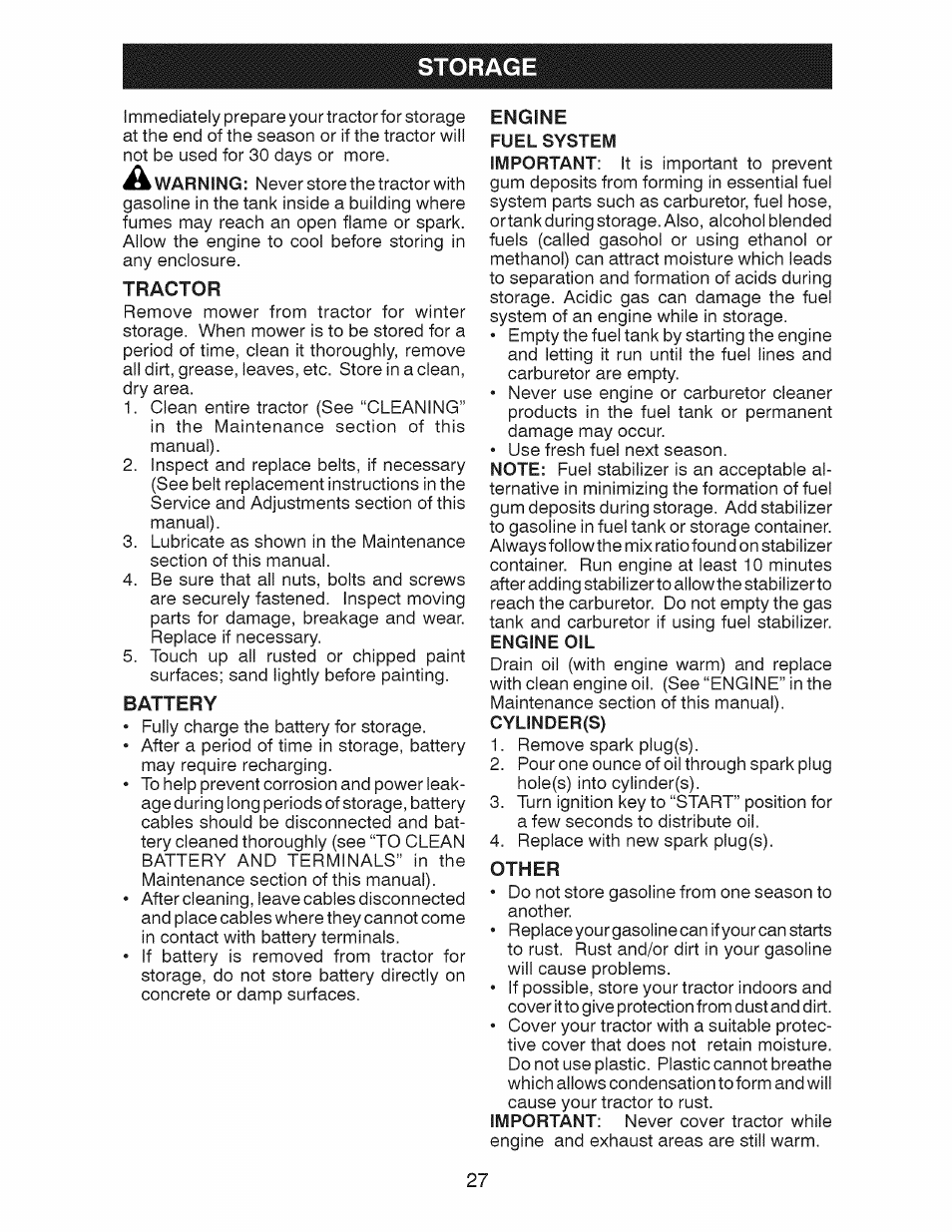 Storage, Tractor, Battery | Other, Engine | Craftsman 917.28924 User Manual | Page 27 / 64