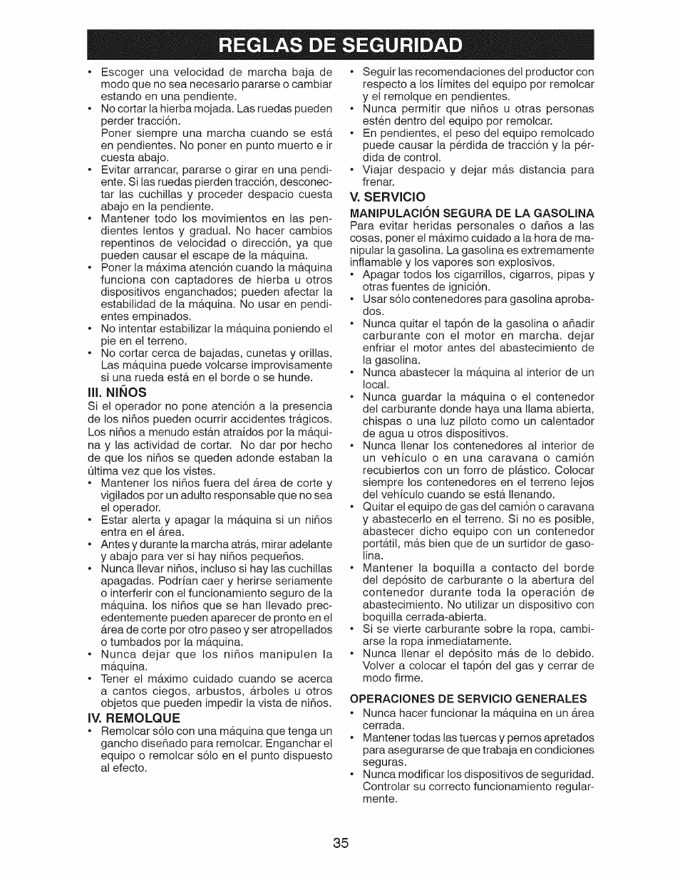 V. servicio, Manipulación segura de la gasolina, Operaciones de servicio generales | Reglas de seguridad | Craftsman 917.28924 User Manual | Page 35 / 64