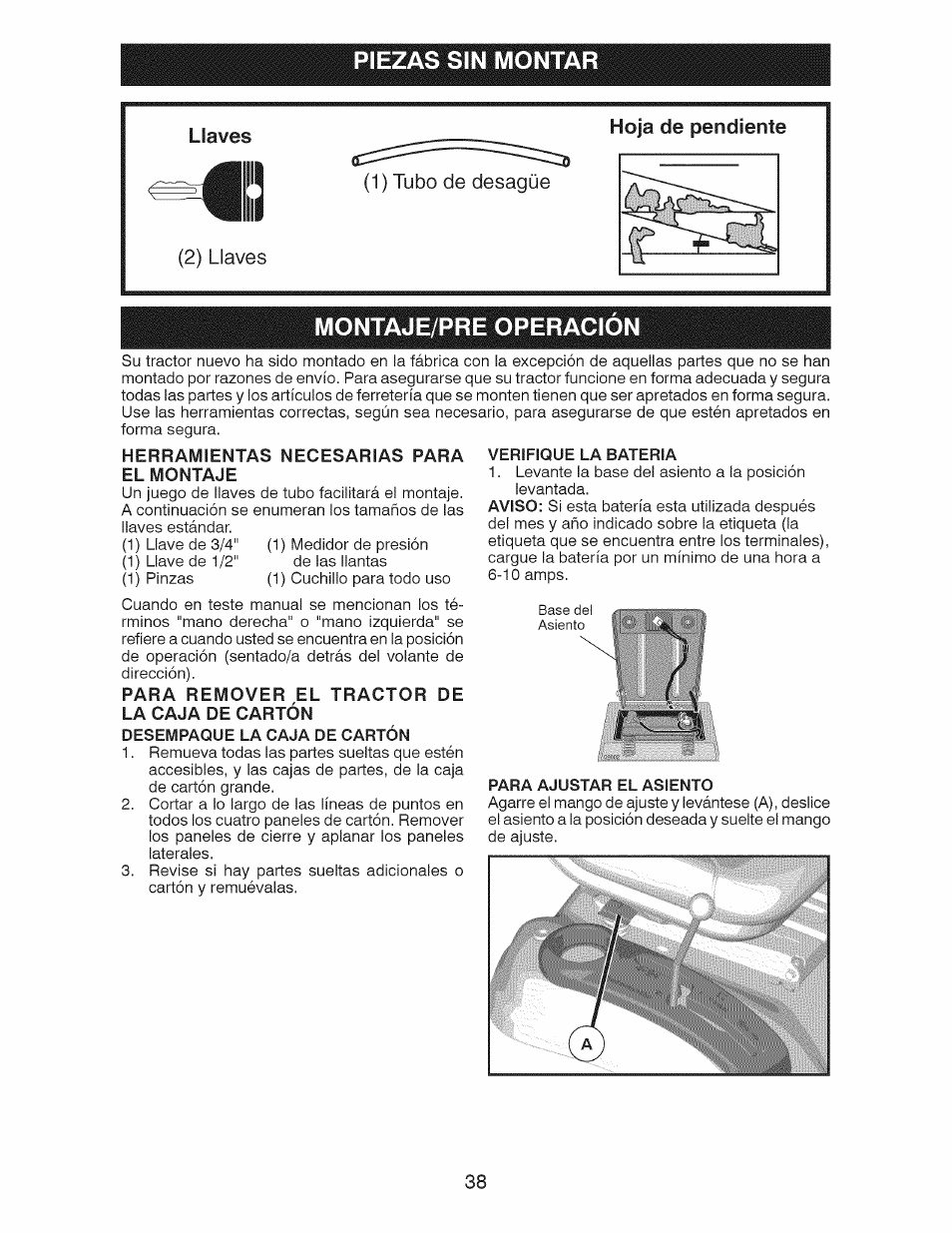 Piezas sin montar, Montaje/pre operacion, Herramientas necesarias para el montaje | Verifique la bateria, Para ajustar el asientq, Llaves, Hoja de pendiente | Craftsman 917.28924 User Manual | Page 38 / 64