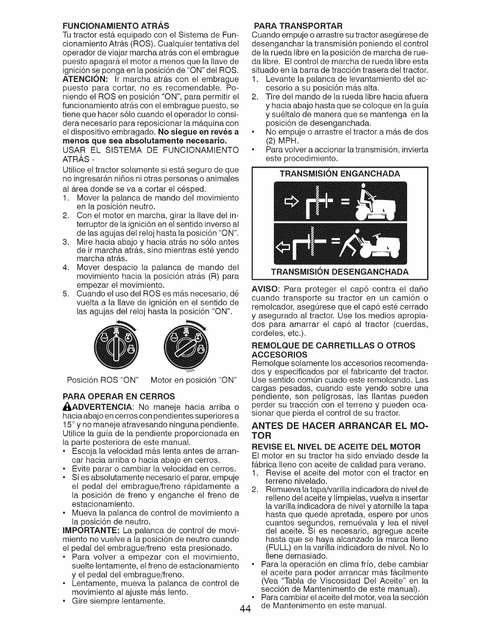 Funcionamiento atras, Para transportar | Craftsman 917.28924 User Manual | Page 44 / 64