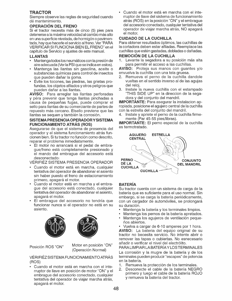 Operación del freno, Cuidado de la cuchilla, Bateria | Craftsman 917.28924 User Manual | Page 48 / 64