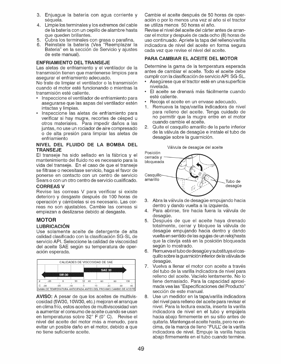 Enfriamiento del transeje, Nivel del fluido de la bomba del transeje, Motor | Lubricación, Para cambiar el aceite del motor | Craftsman 917.28924 User Manual | Page 49 / 64