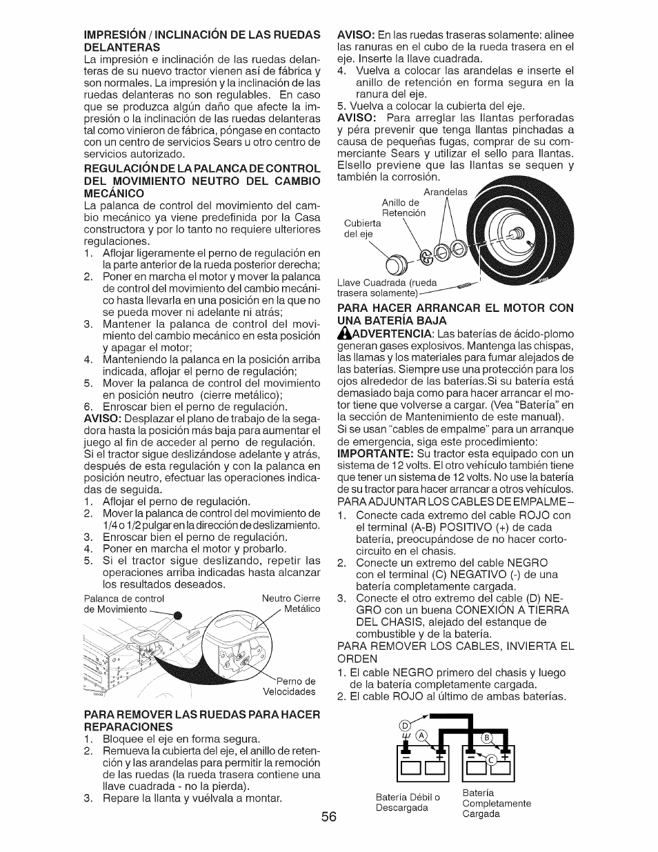 Impresión / inclinación de las ruedas, Para remover las ruedas para hacer, Reparaciones | Para hacer arrancar el motor con una batería baja | Craftsman 917.28924 User Manual | Page 56 / 64