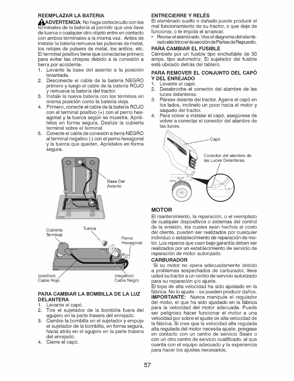 Reemplazar la bateria, Para cambiar la bombilla de la luz delantera, Entrecierre y reles | Para remover el conjunto del capó y del enrejado, Motor | Craftsman 917.28924 User Manual | Page 57 / 64