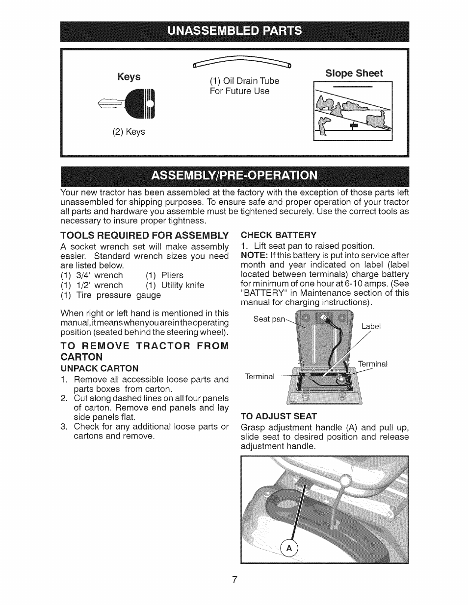 Unassembled parts, Assembly/pre-operation, Tools required for assembly | To remove tractor from, Carton, Unpack carton, Check battery, To adjust seat, Keys, Slope sheet | Craftsman 917.28924 User Manual | Page 7 / 64