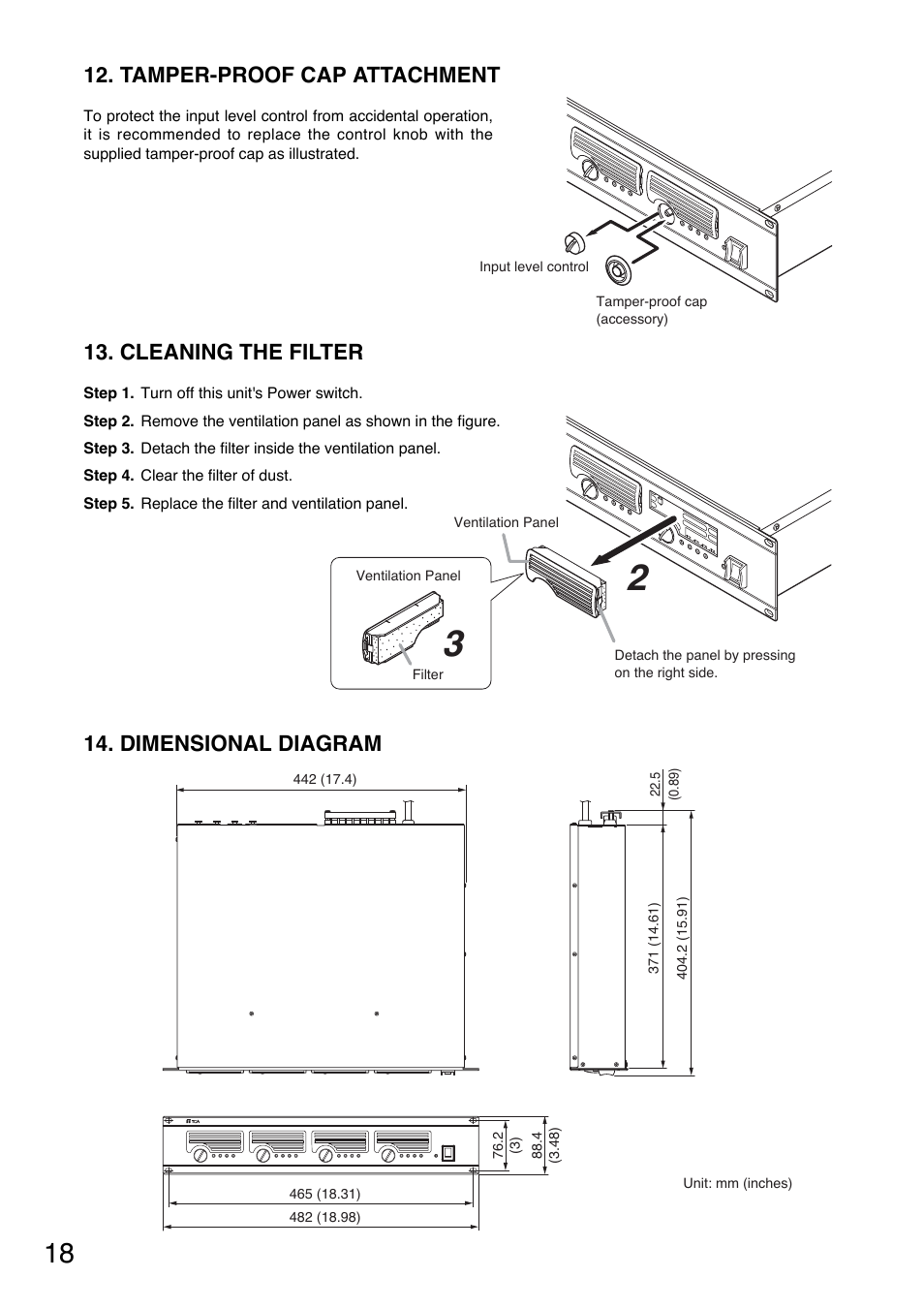 Cleaning the filter, Dimensional diagram, Tamper-proof cap attachment | Toa DA-500F-HL CU User Manual | Page 18 / 24