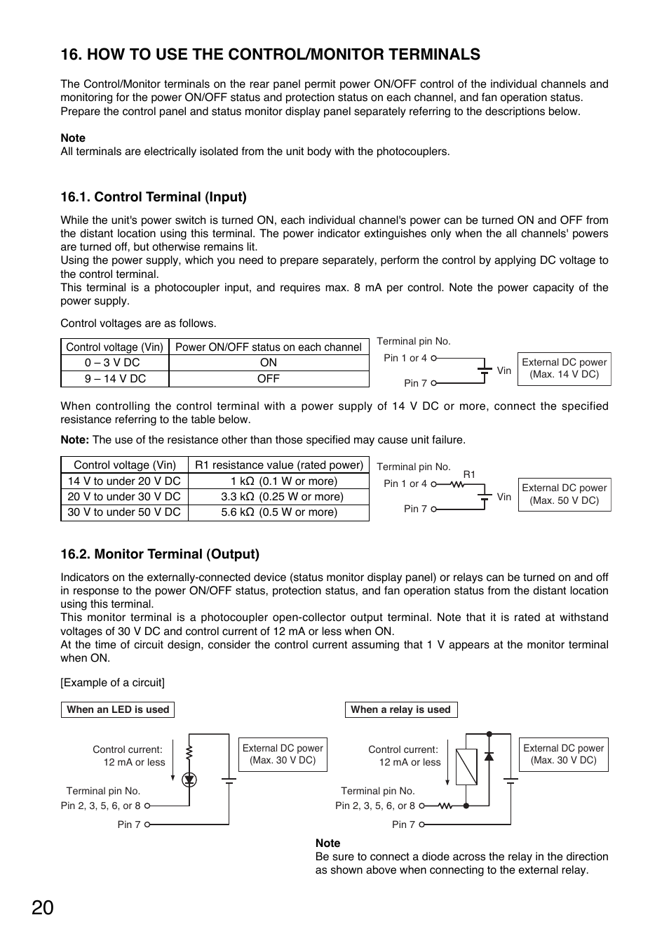 How to use the control/monitor terminals, Control terminal (input), Monitor terminal (output) | Toa DA-500F-HL CU User Manual | Page 20 / 24