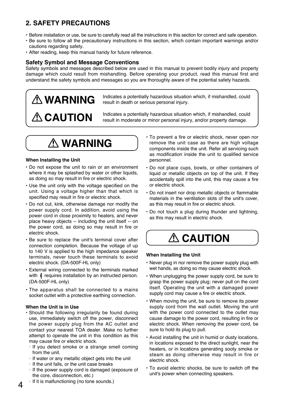 Warning, Warning caution caution, Safety precautions | Toa DA-500F-HL CU User Manual | Page 4 / 24