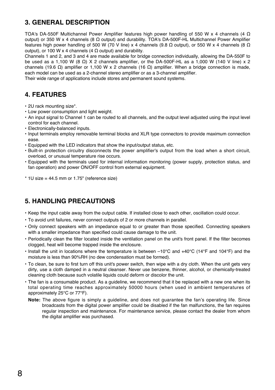 Handling precautions, General description, Features | Toa DA-500F-HL CU User Manual | Page 8 / 24