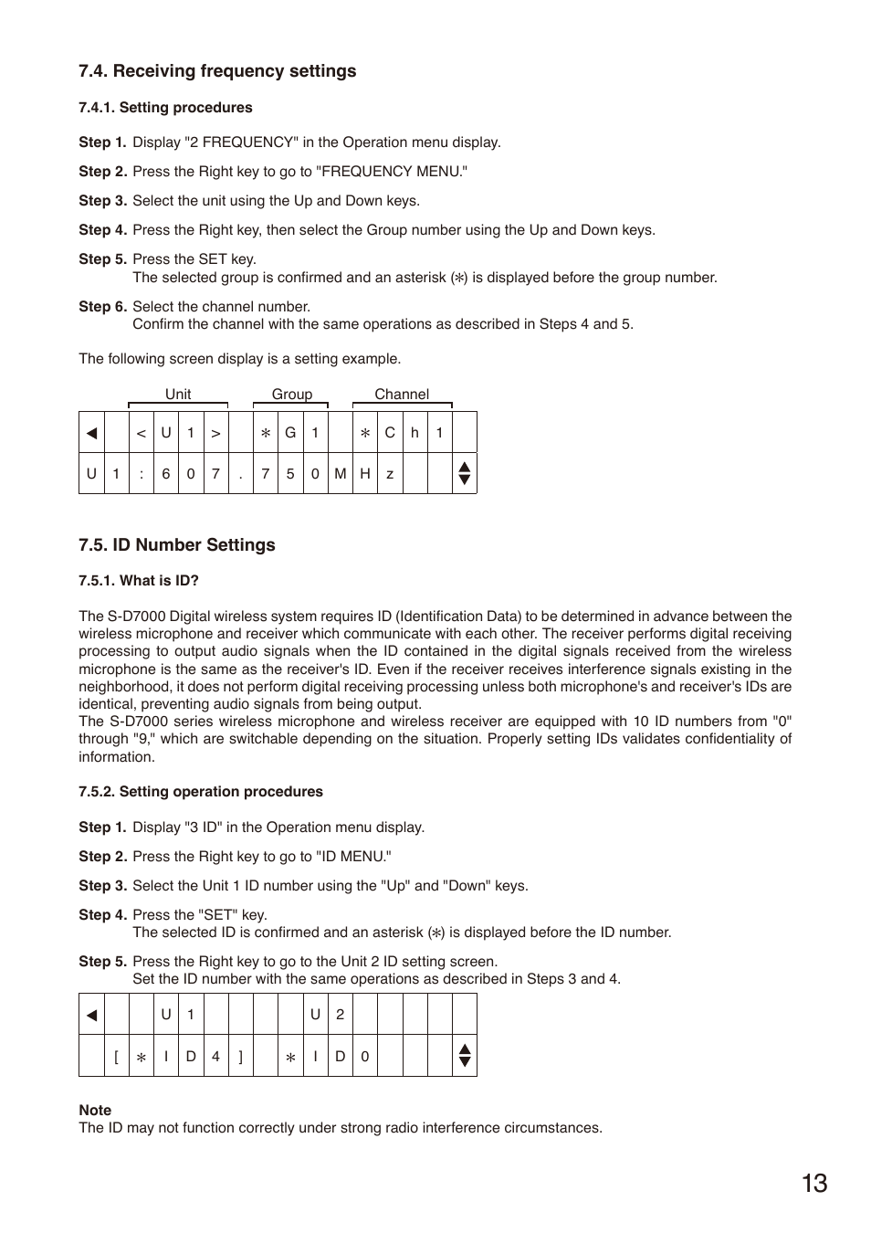 Receiving frequency settings, Id number settings, E p. 13 | Toa S-D7802 User Manual | Page 13 / 40