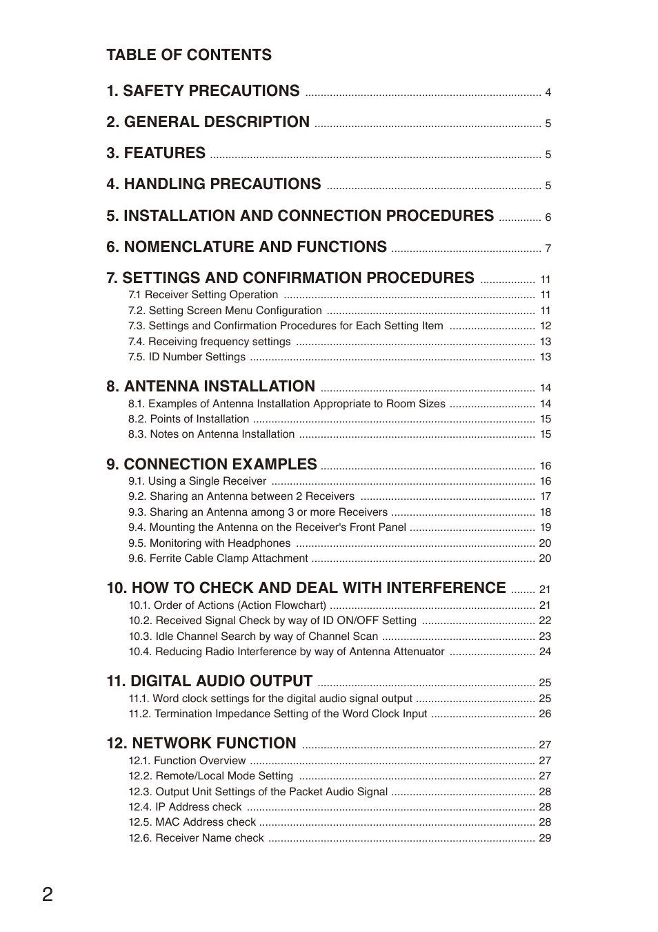 Table of contents 1. safety precautions, General description, Features | Handling precautions, Installation and connection procedures, Nomenclature and functions, Settings and confirmation procedures, Antenna installation, Connection examples, How to check and deal with interference | Toa S-D7802 User Manual | Page 2 / 40
