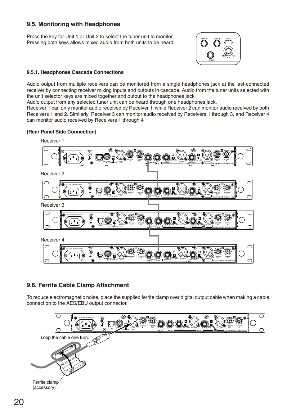 Monitoring with headphones, Ferrite cable clamp attachment, E p. 20, “monitoring | With headphones | Toa S-D7802 User Manual | Page 20 / 40