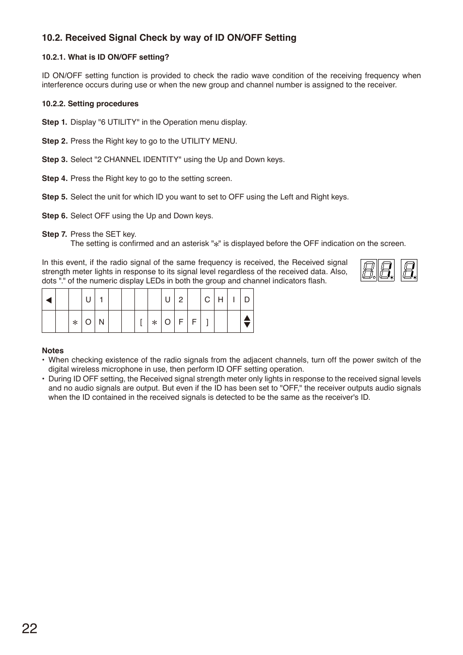 Received signal check by way of id on/off setting, E p. 22, E p. 22, "received signal check | By way of id on/off setting | Toa S-D7802 User Manual | Page 22 / 40