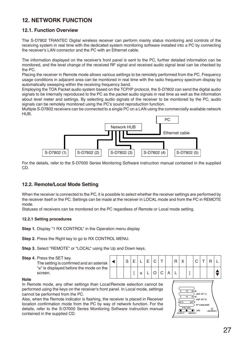 Network function, Function overview, Remote/local mode setting | E p. 27, “network, Function, E p. 27, “remote, Local mode setting, E p. 27, "network, E p. 27 | Toa S-D7802 User Manual | Page 27 / 40