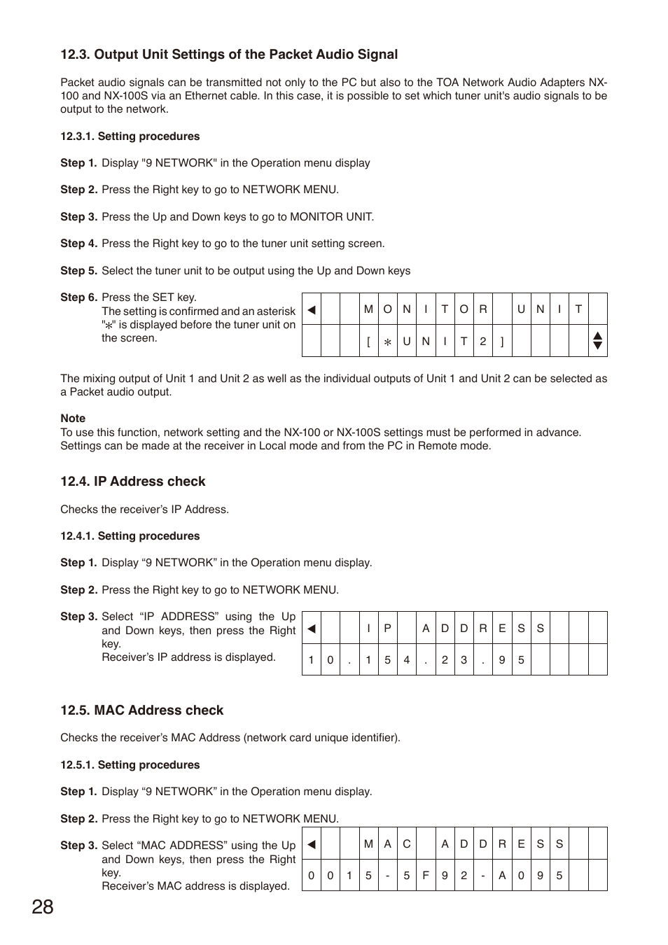 Output unit settings of the packet audio signal, Ip address check, Mac address check | E p. 28 | Toa S-D7802 User Manual | Page 28 / 40