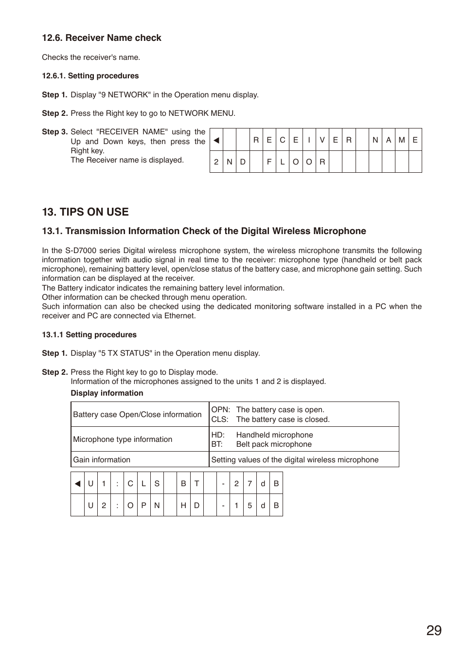 Receiver name check, Tips on use, E p. 29 | Toa S-D7802 User Manual | Page 29 / 40