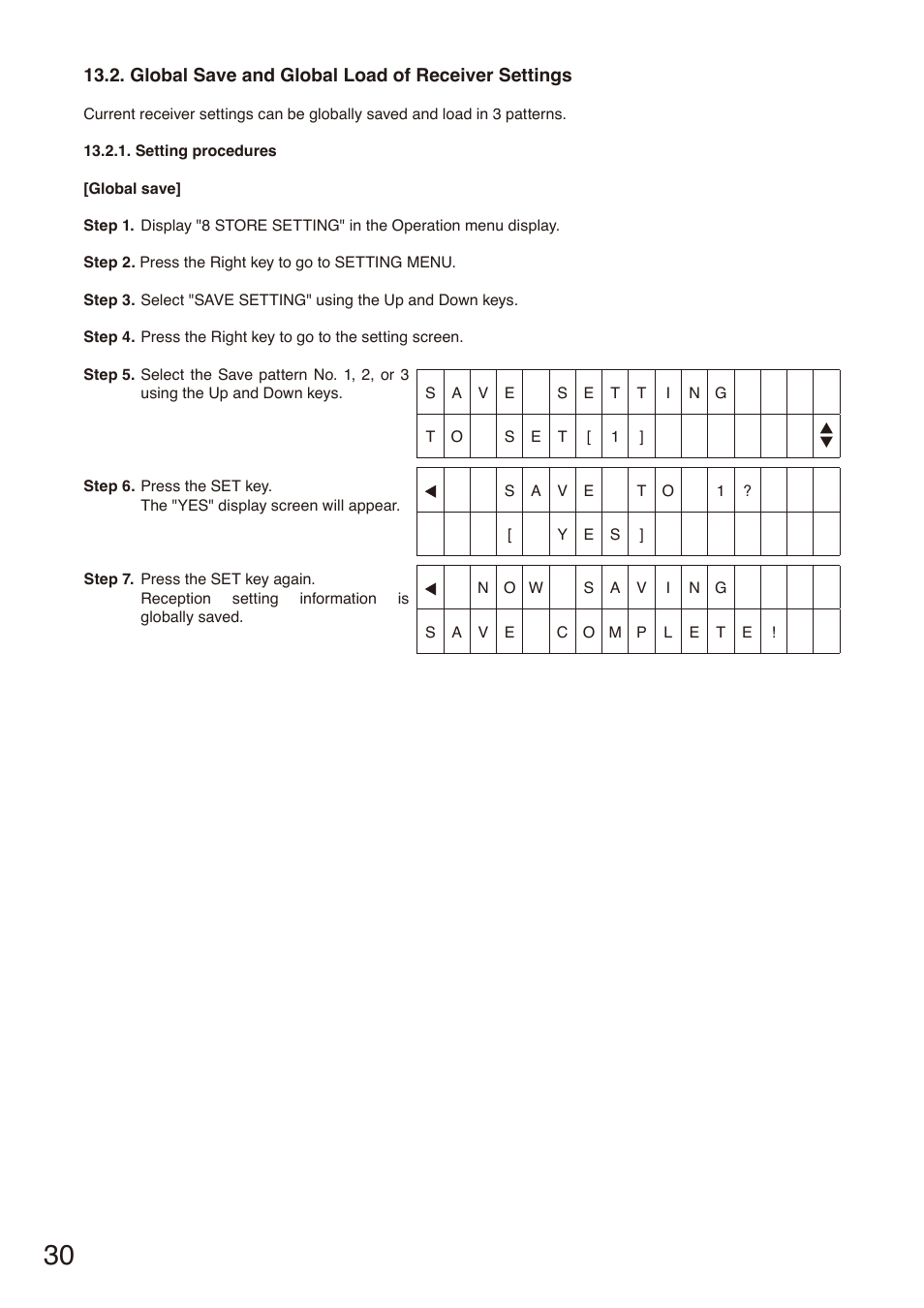 Global save and global load of receiver settings, E p. 30 | Toa S-D7802 User Manual | Page 30 / 40