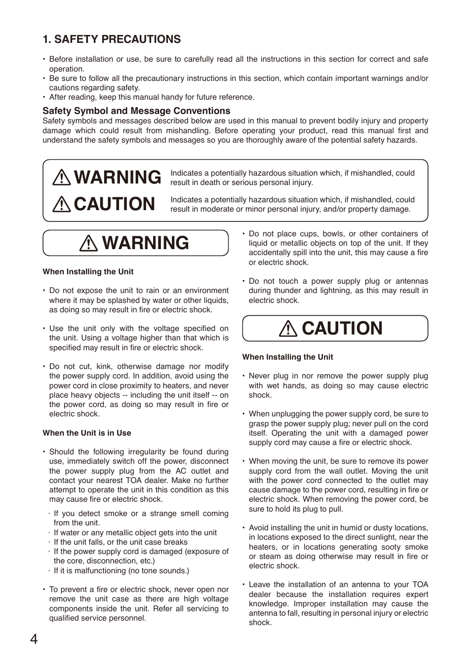 Safety precautions, Warning caution | Toa S-D7802 User Manual | Page 4 / 40