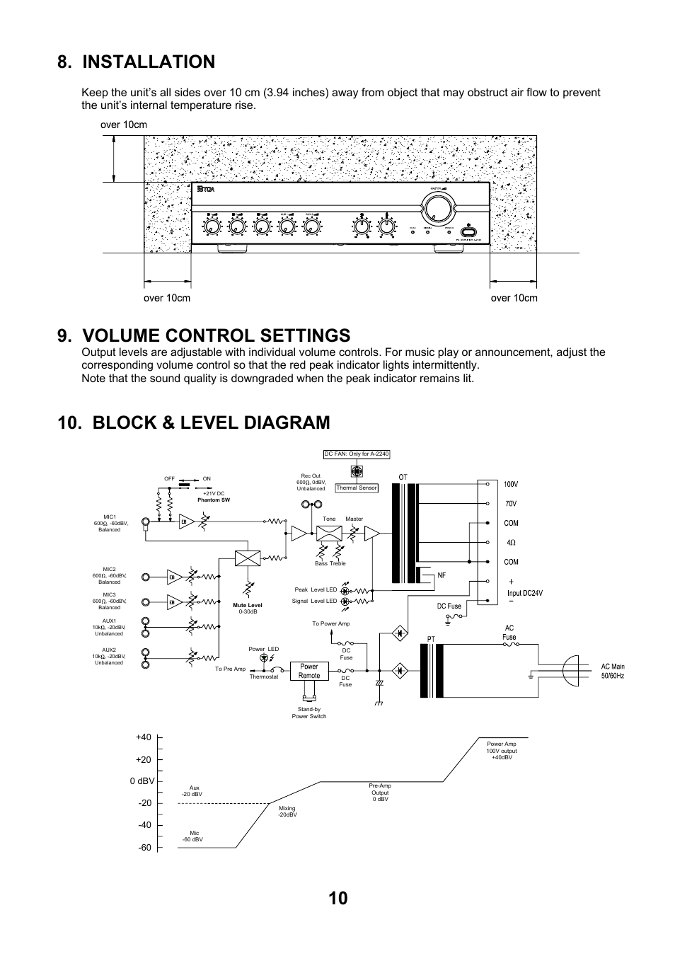 Installation, Volume control settings, Block & level diagram | Toa A-2240 SA User Manual | Page 10 / 12