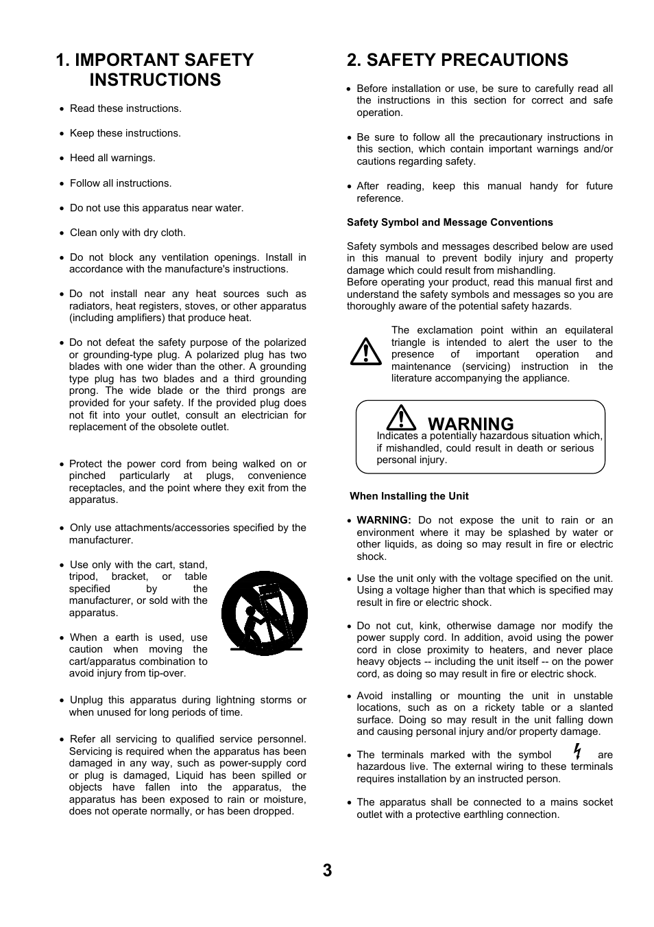 Important safety instructions, Safety precautions, Warning | Toa A-2240 SA User Manual | Page 3 / 12