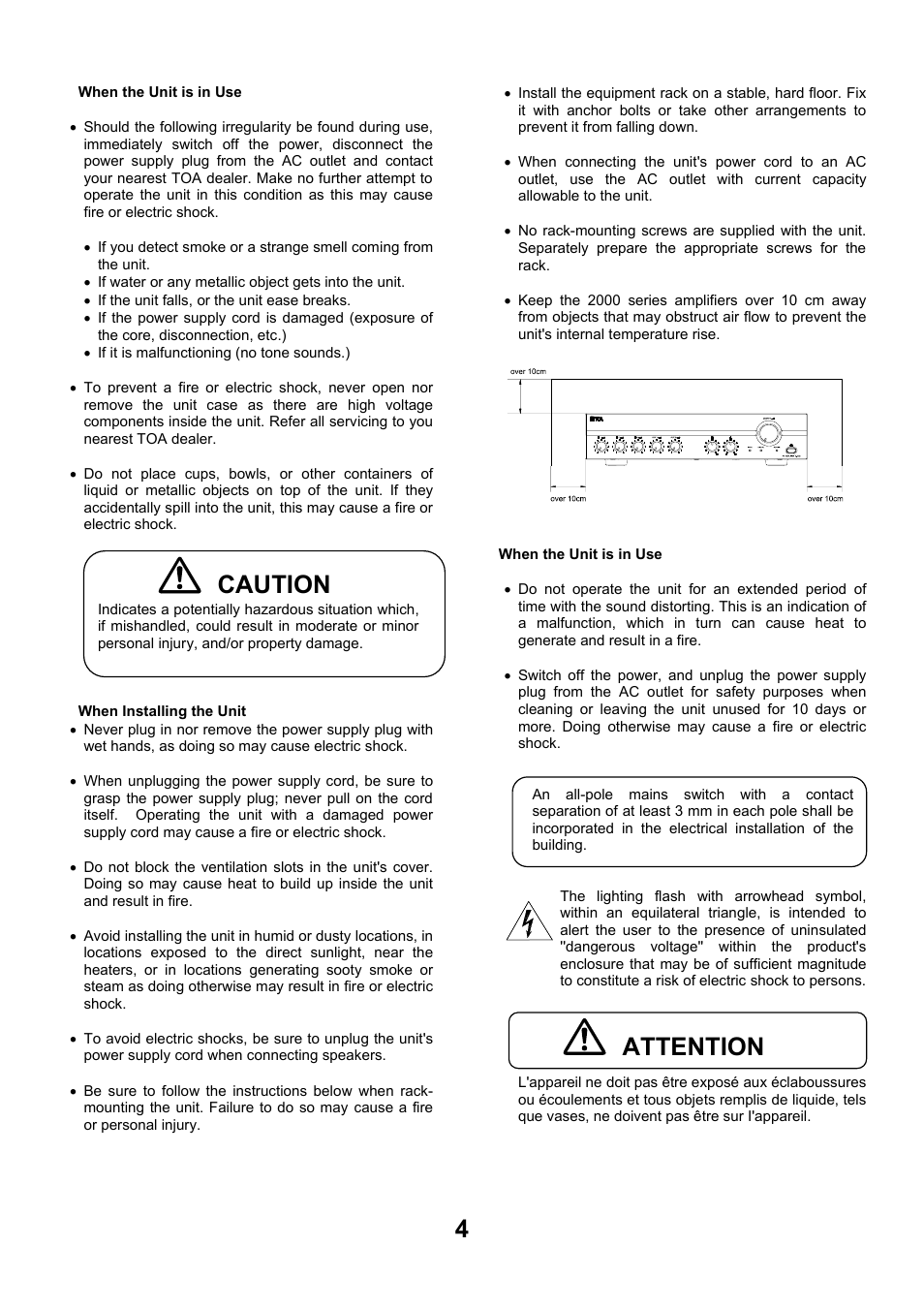 Caution attention 4 | Toa A-2240 SA User Manual | Page 4 / 12