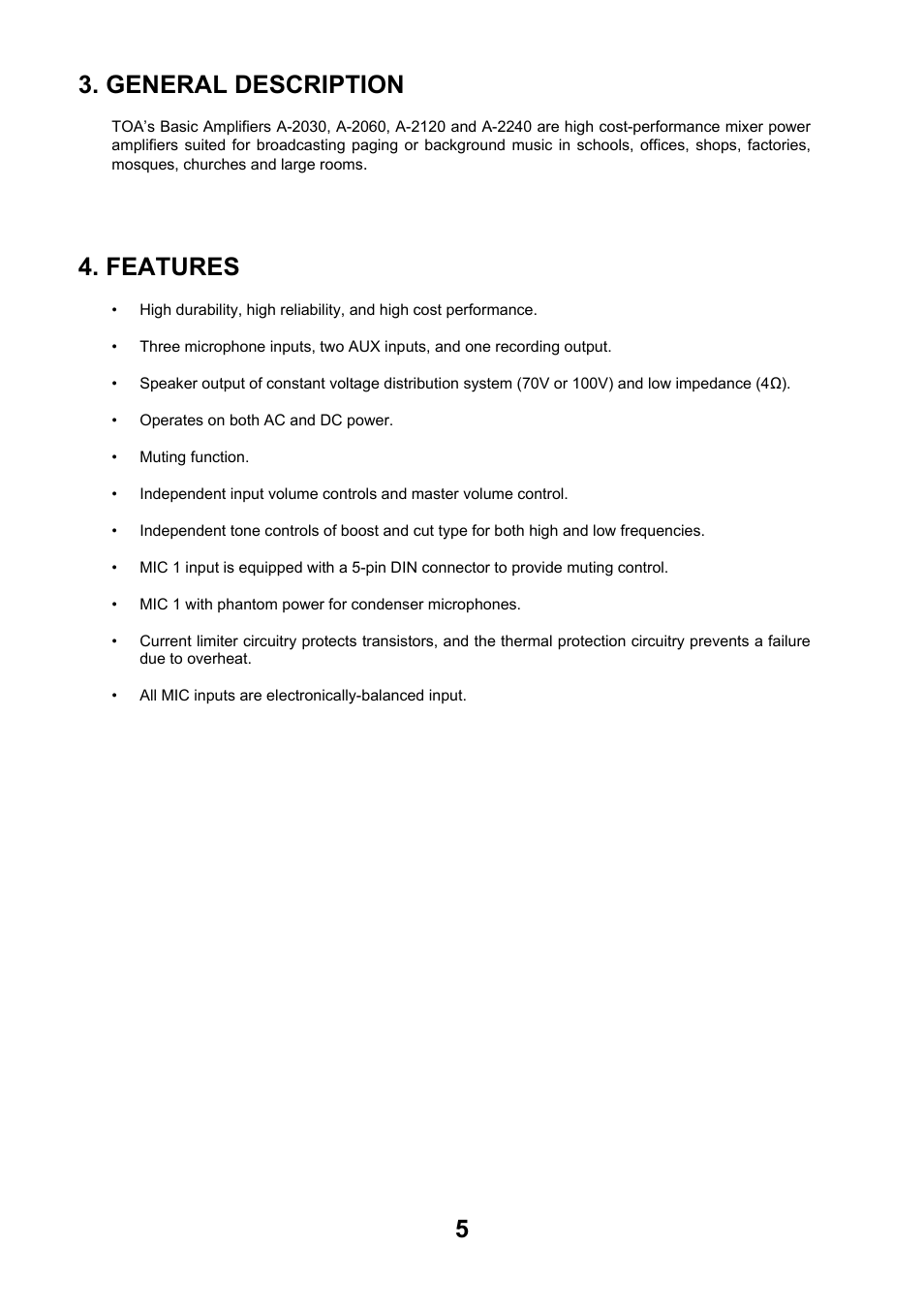 General description, Features | Toa A-2240 SA User Manual | Page 5 / 12