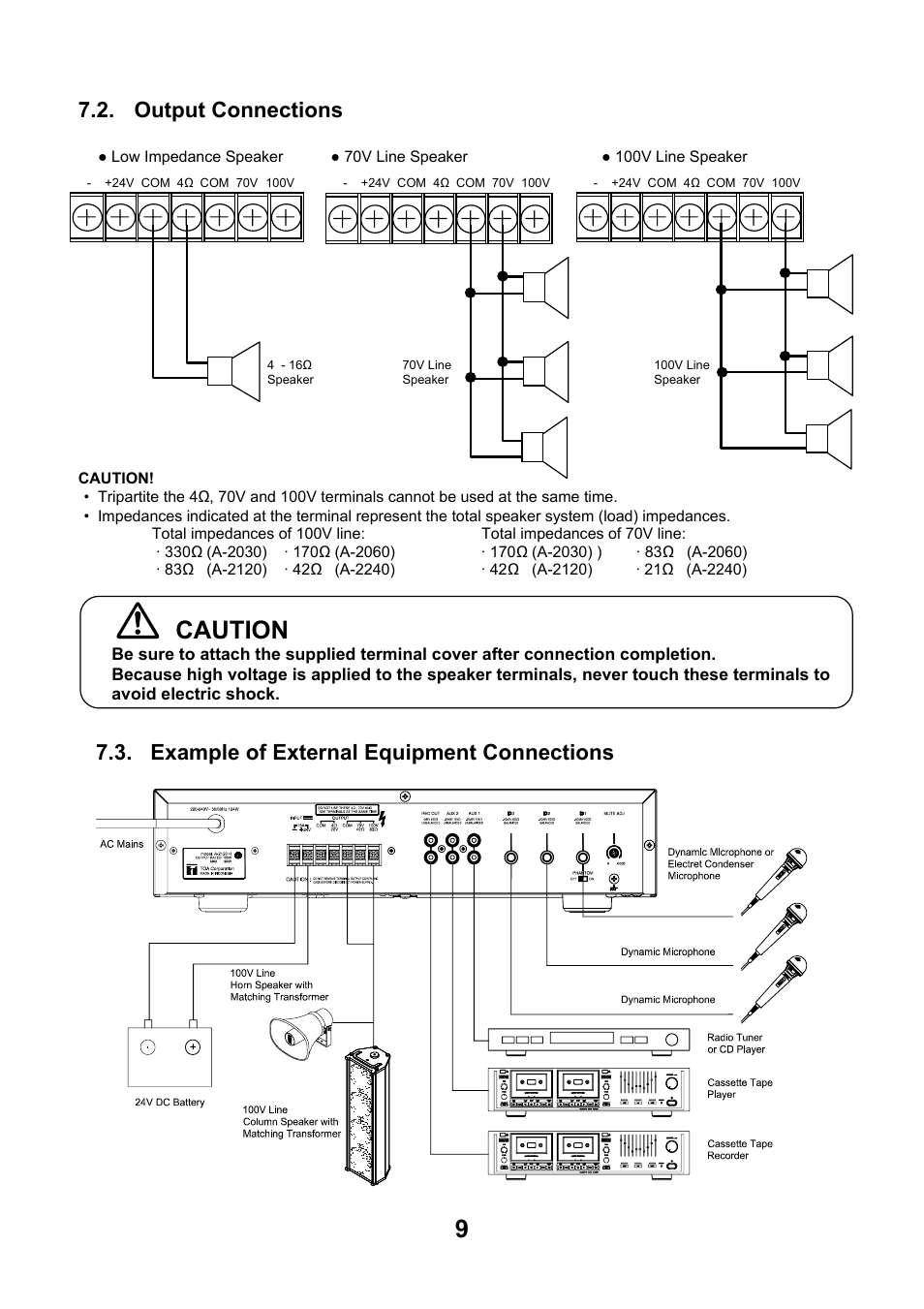 Caution, Output connections, Example of external equipment connections | Toa A-2240 SA User Manual | Page 9 / 12